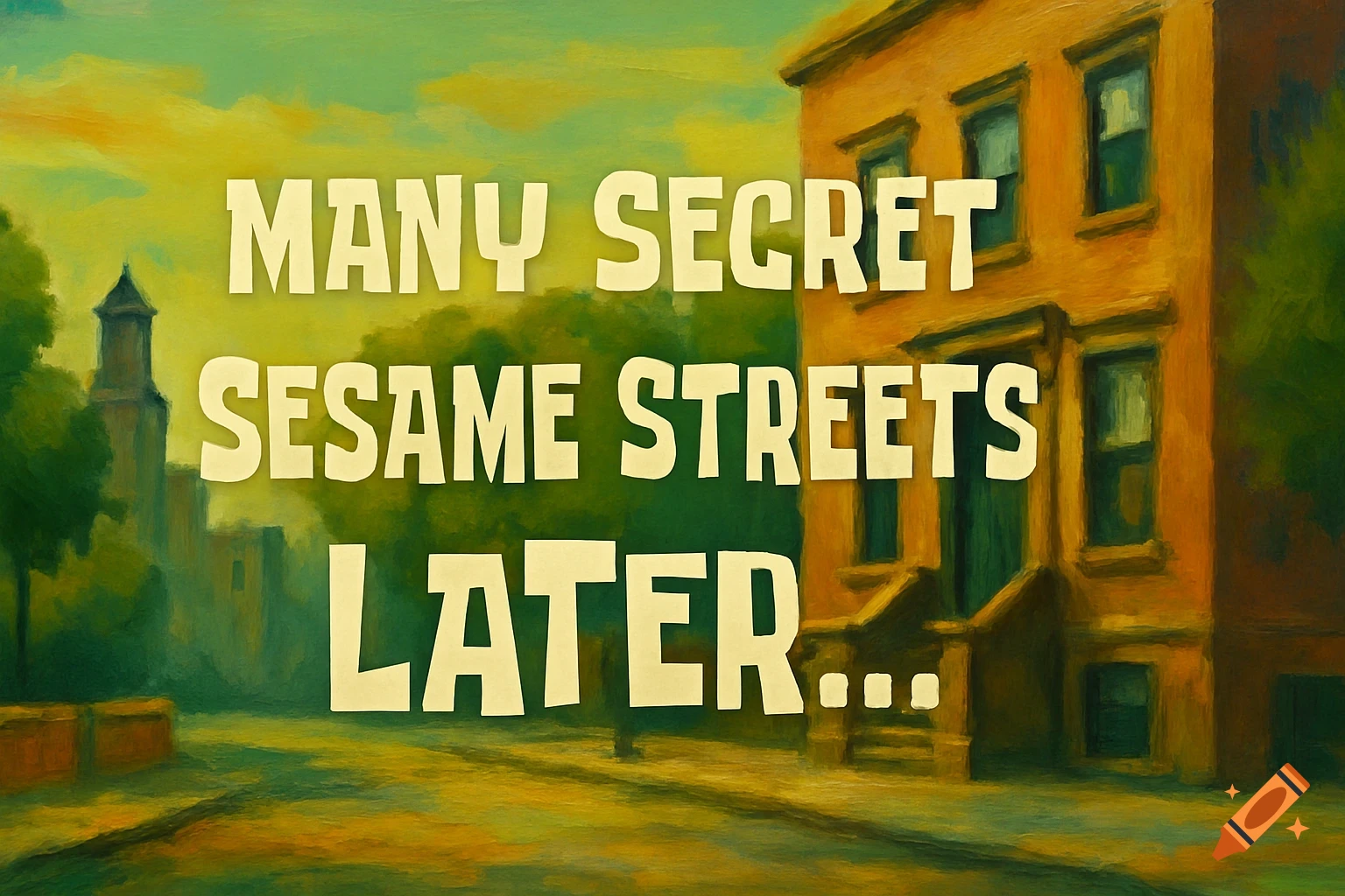 A painted street scene with a building and trees, overlaid with the text "MANY SECRET SESAME STREETS LATER..."
