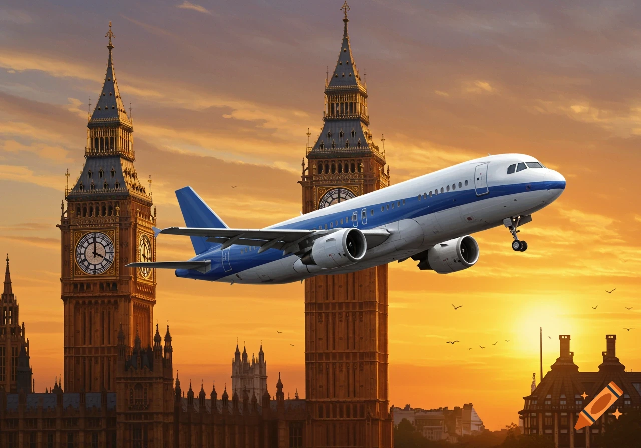 A passenger airplane flies over Big Ben and the Houses of Parliament in London at sunset.