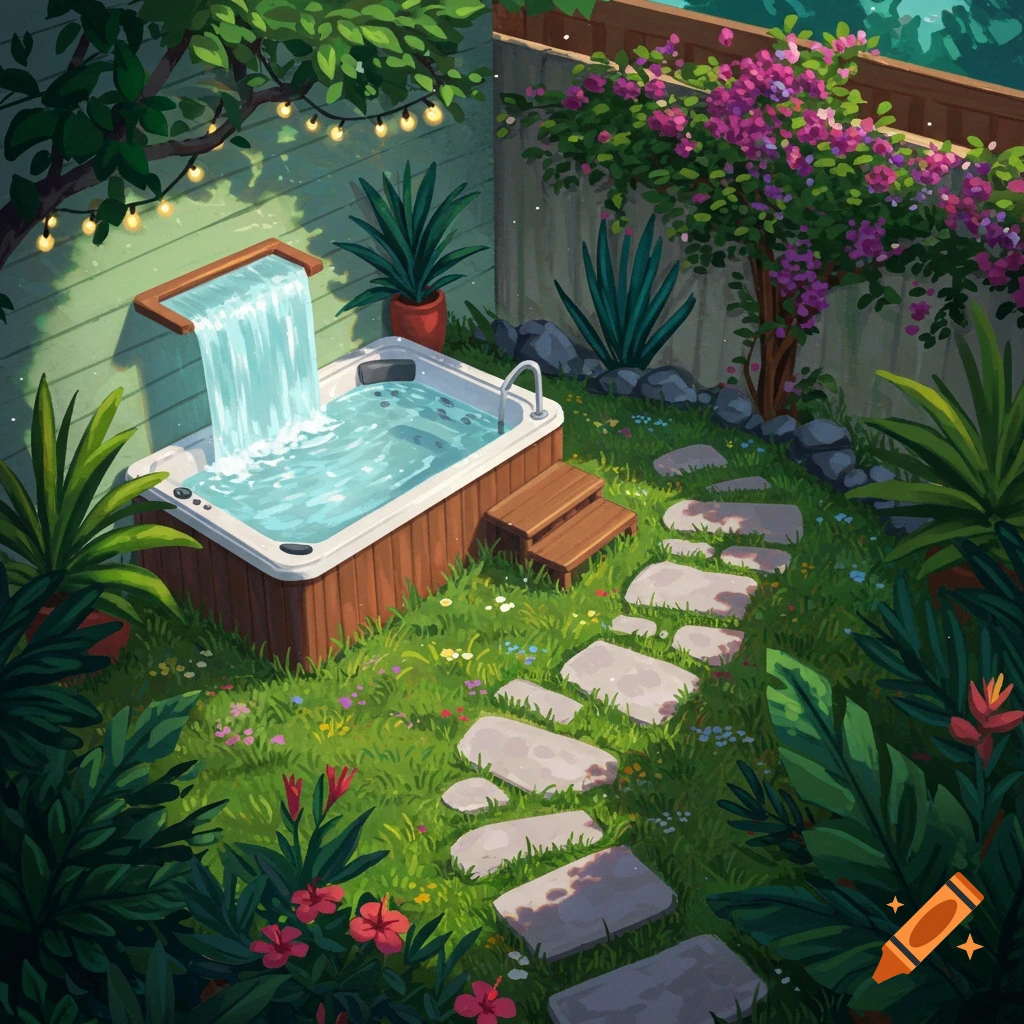 A serene backyard spa area with a hot tub and waterfall, lush garden, stone path, and string lights in a painterly style.
