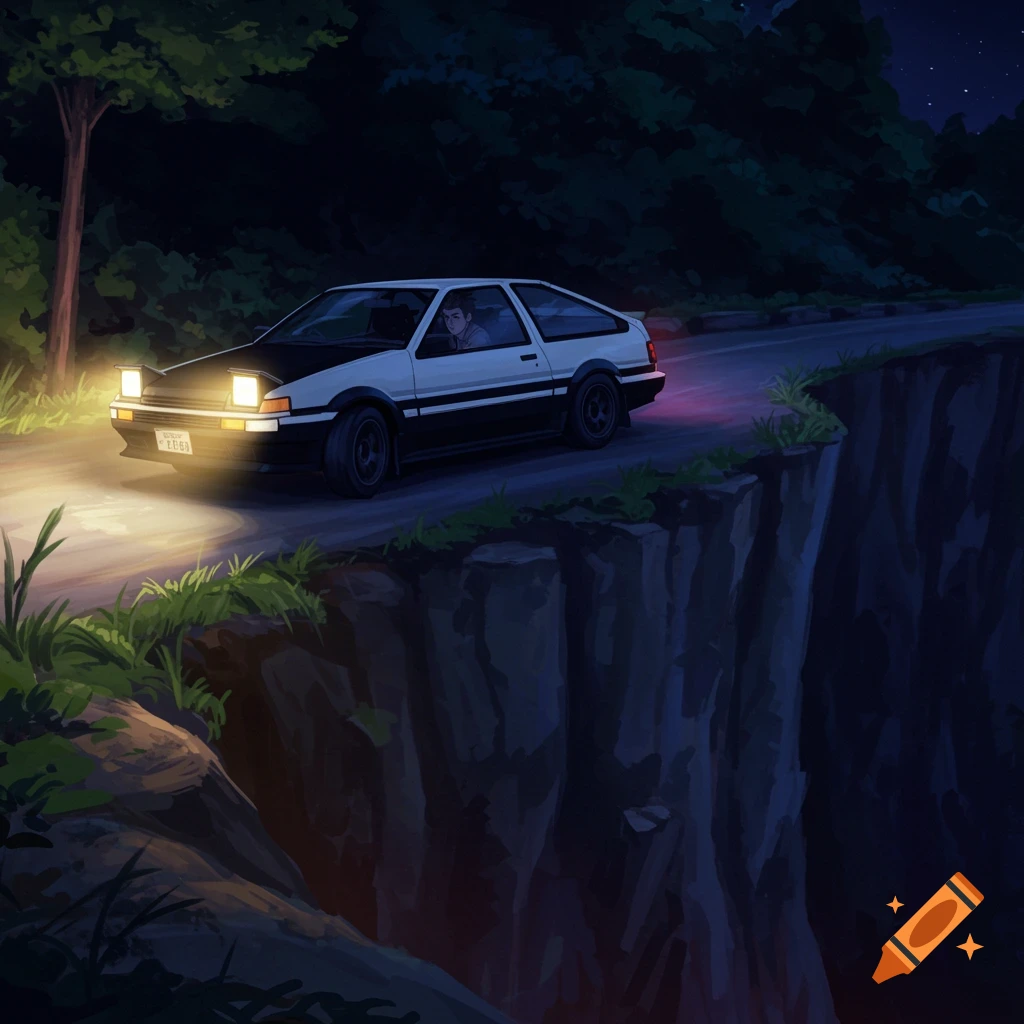 Anime illustration of a white and black car driving along a dark road next to a cliff edge at night.
