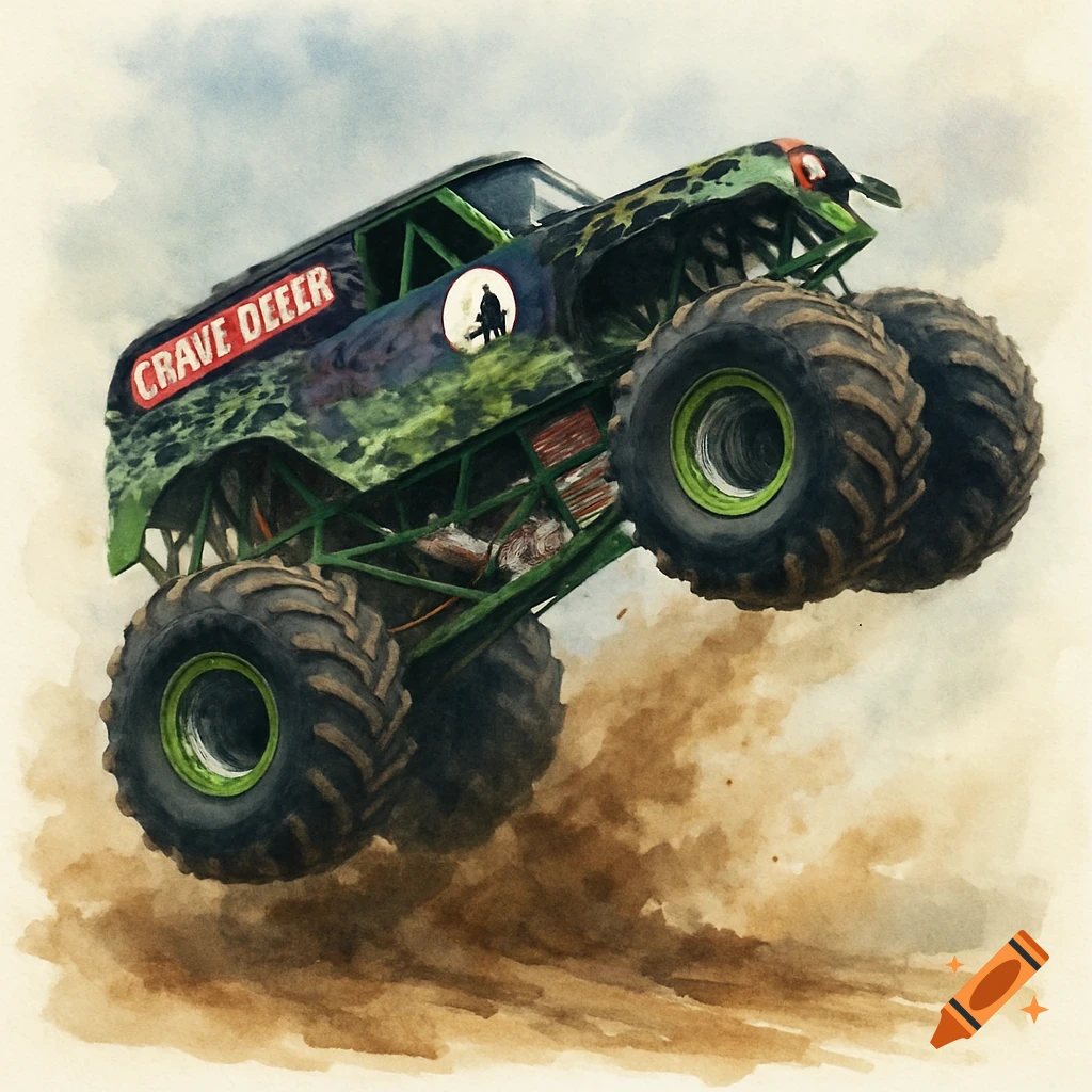 Green monster truck jumping over dirt in a watercolor style.