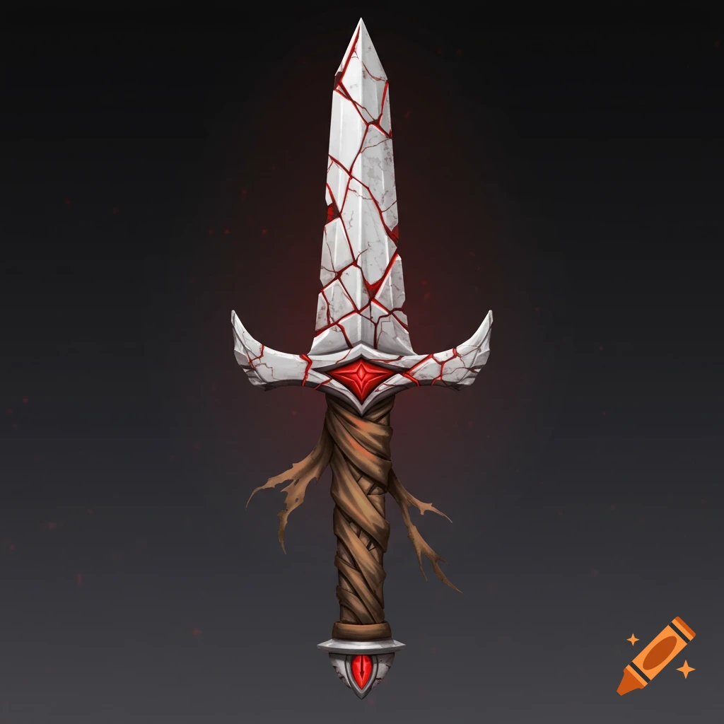 A fantasy sword with a cracked white blade, red veins, a handle wrapped in torn cloth, and red gems.