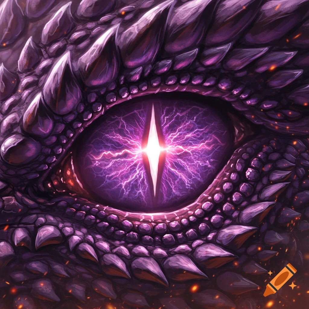 Close-up of a glowing purple dragon eye surrounded by scales.