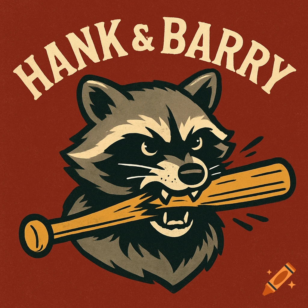 Stylized illustration of a raccoon with a baseball bat in its mouth and 'HANK & BARRY' text above.