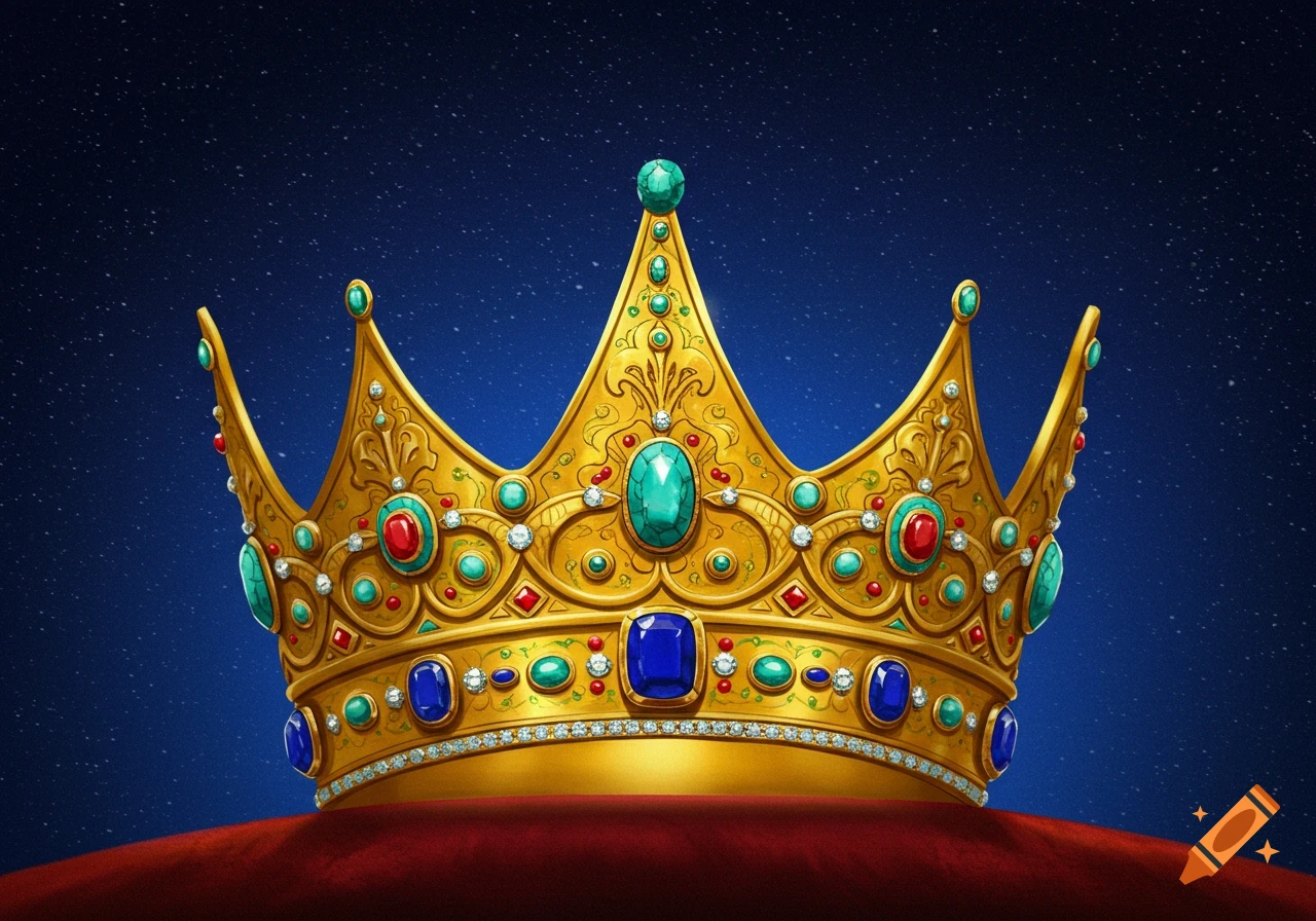 A golden crown adorned with red, blue, and green jewels sits on a red cushion against a starry blue background.
