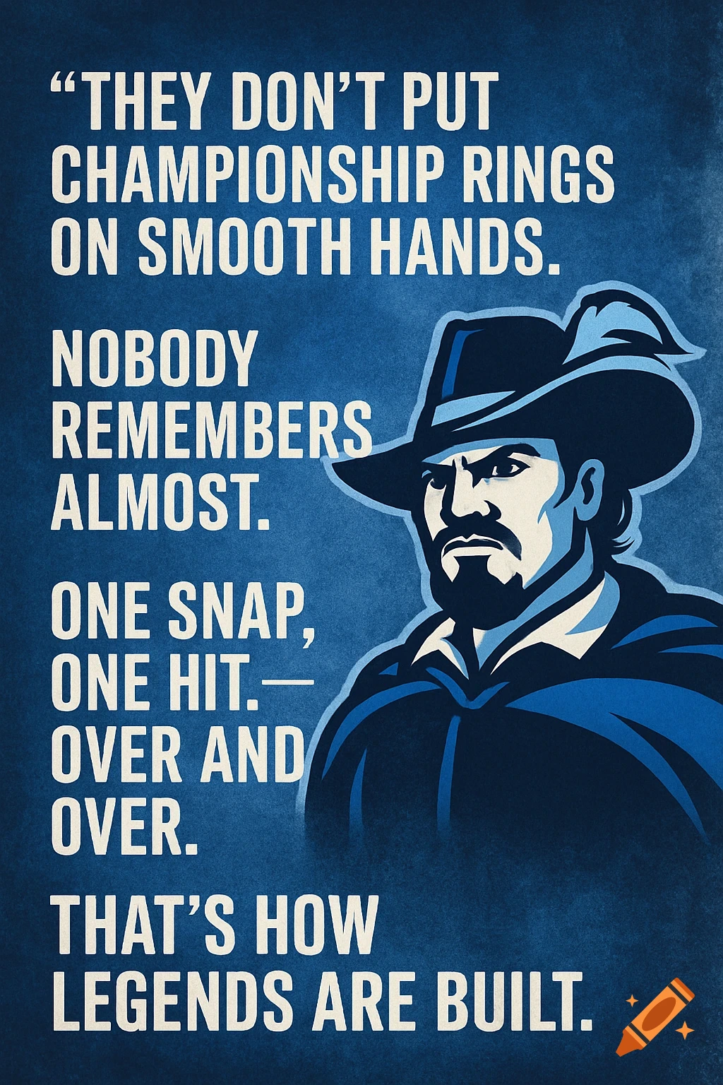 Blue poster with motivational quote and drawing of a man in a cavalier hat.