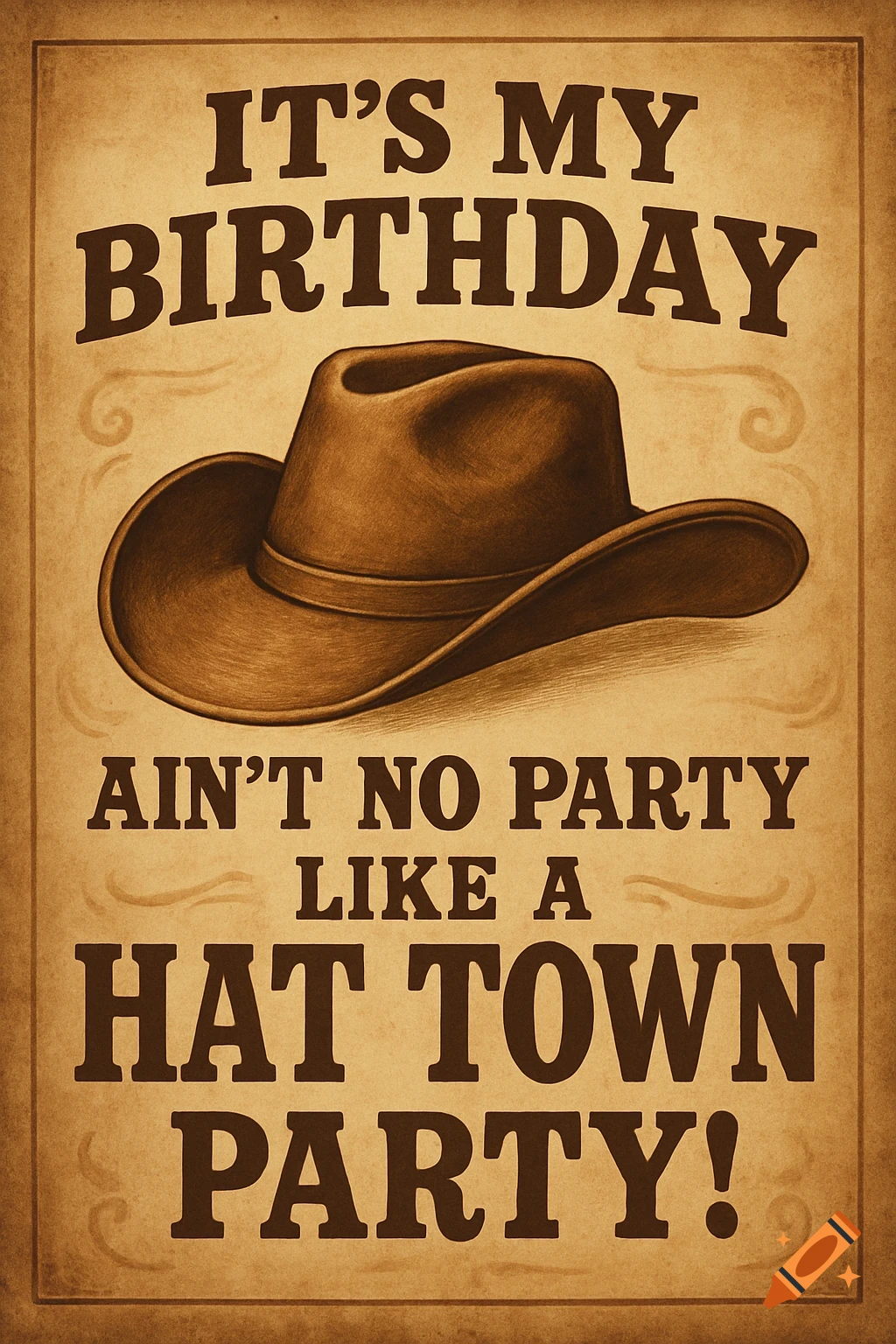 Vintage-style poster featuring a cowboy hat and text that reads "IT'S MY BIRTHDAY AIN'T NO PARTY LIKE A HAT TOWN PARTY!"