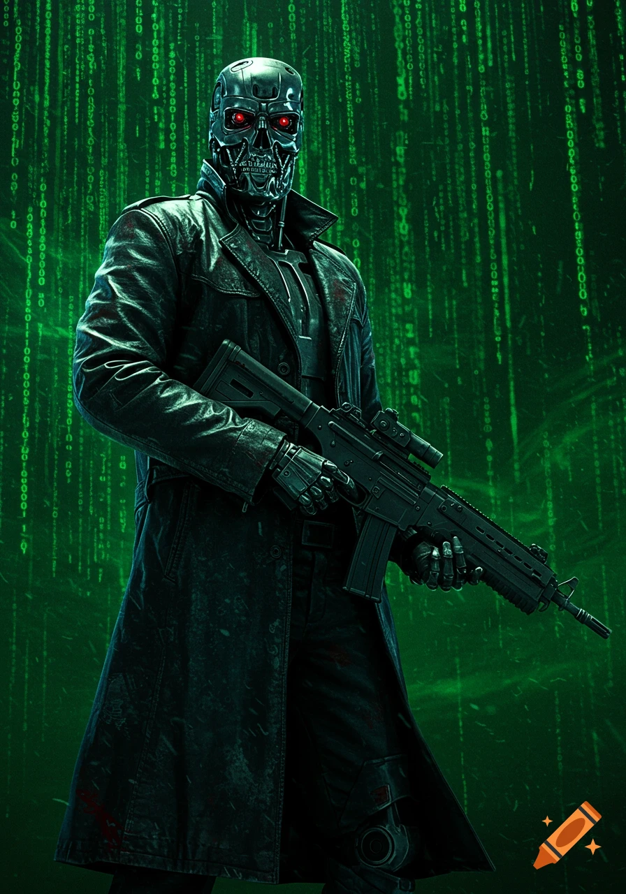 A Terminator cyborg holding a rifle stands in front of green Matrix code.
