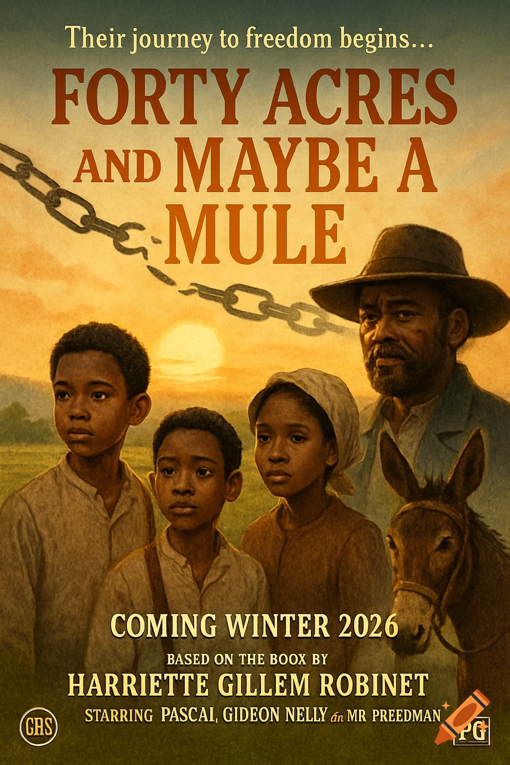 Movie poster: Four Black people and a mule in a field at sunset, broken chains above. Text reads 'FORTY ACRES AND MAYBE A MULE'.