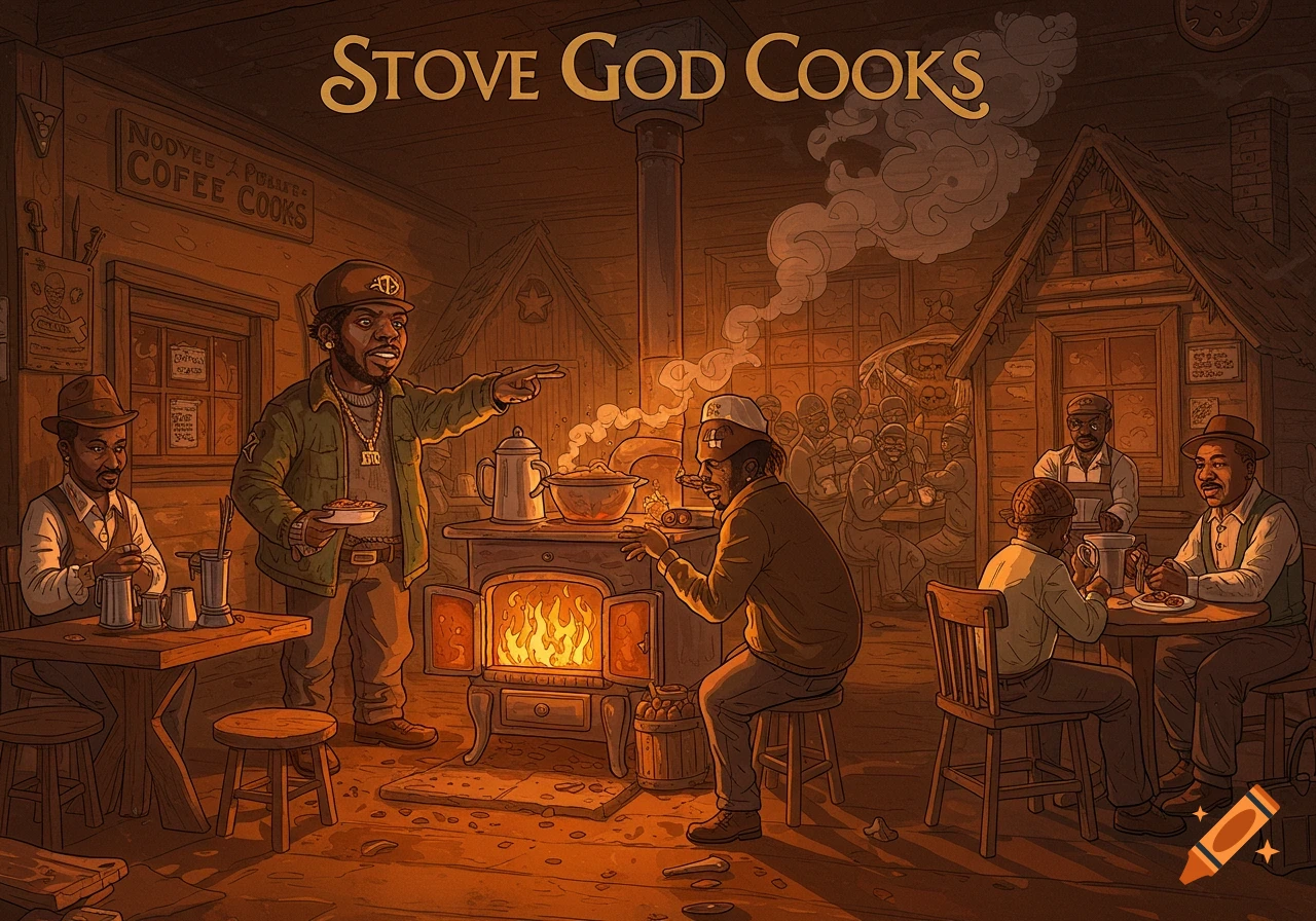 Illustration of people in a rustic coffee house, a man stands pointing while others are seated around a stove. Text reads "Stove God Cooks".