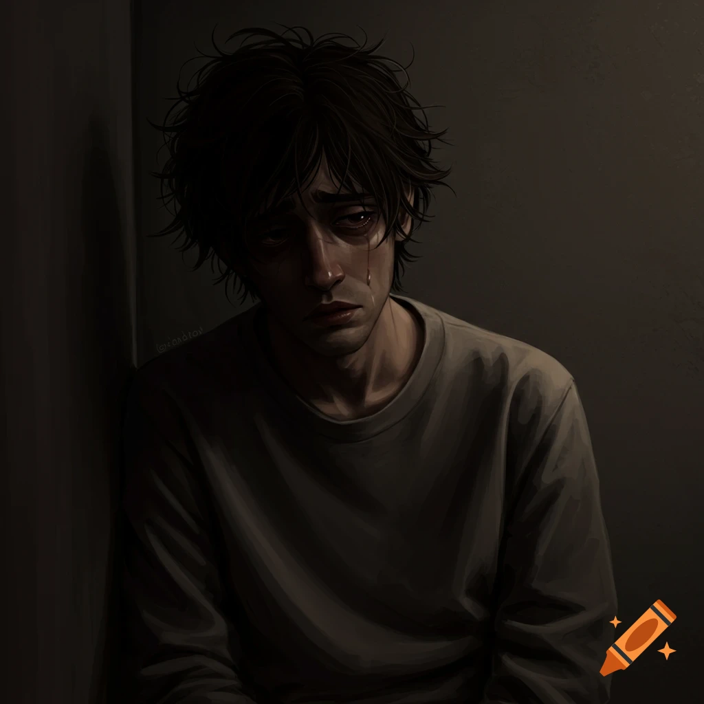 A close-up drawing of a sad man with messy hair crying in a dark room.