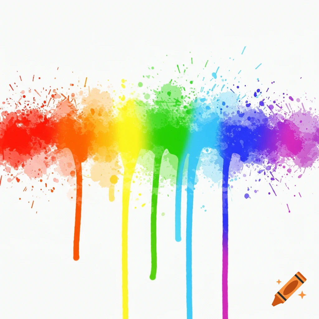 Rainbow paint splatter drips down on a white background.