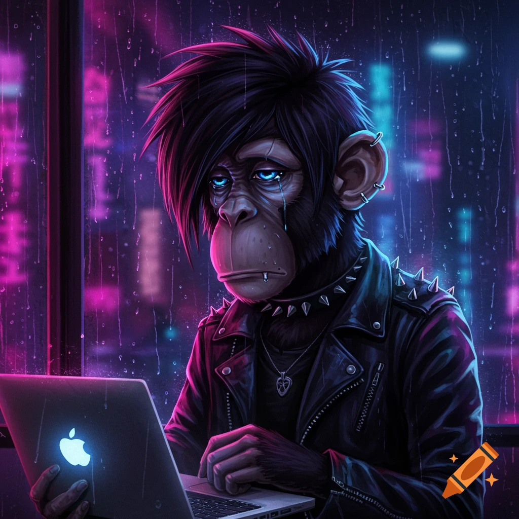A sad emo monkey sits in front of a laptop in the rain with neon city lights in the background.