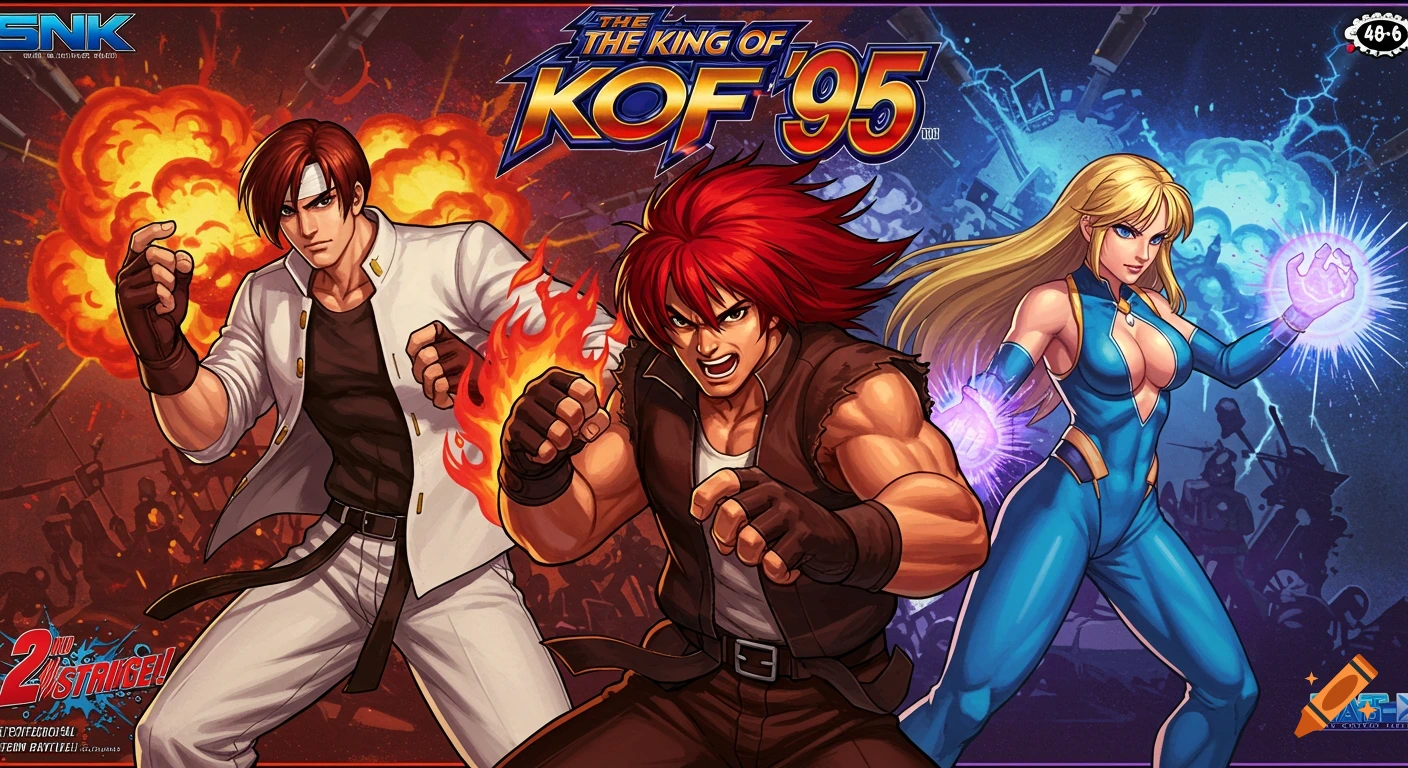 Retro poster for The King of Fighters '95 featuring Kyo, Iori, and Athena in action poses with explosions and energy.