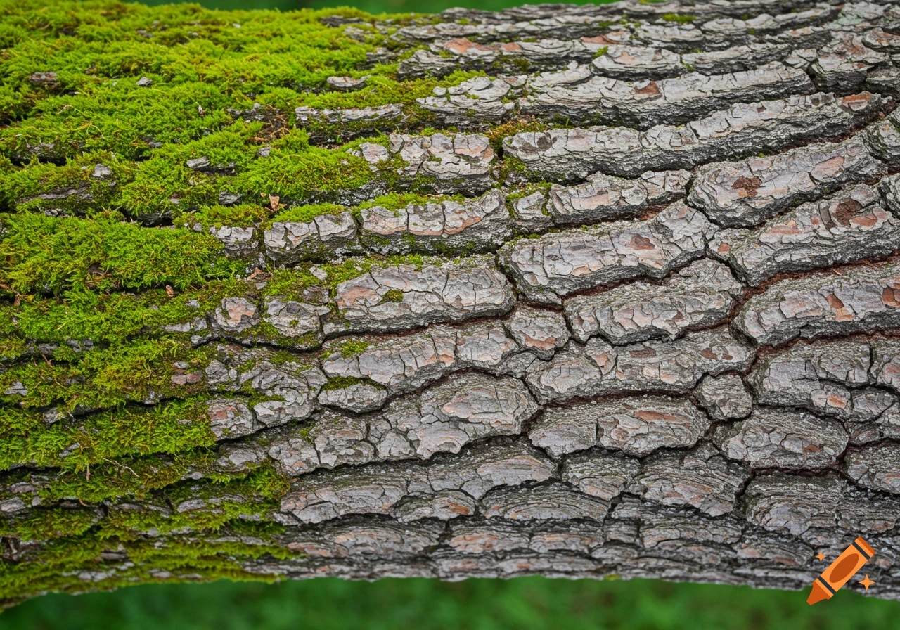 Close-up of tree bark with green moss on the left side.