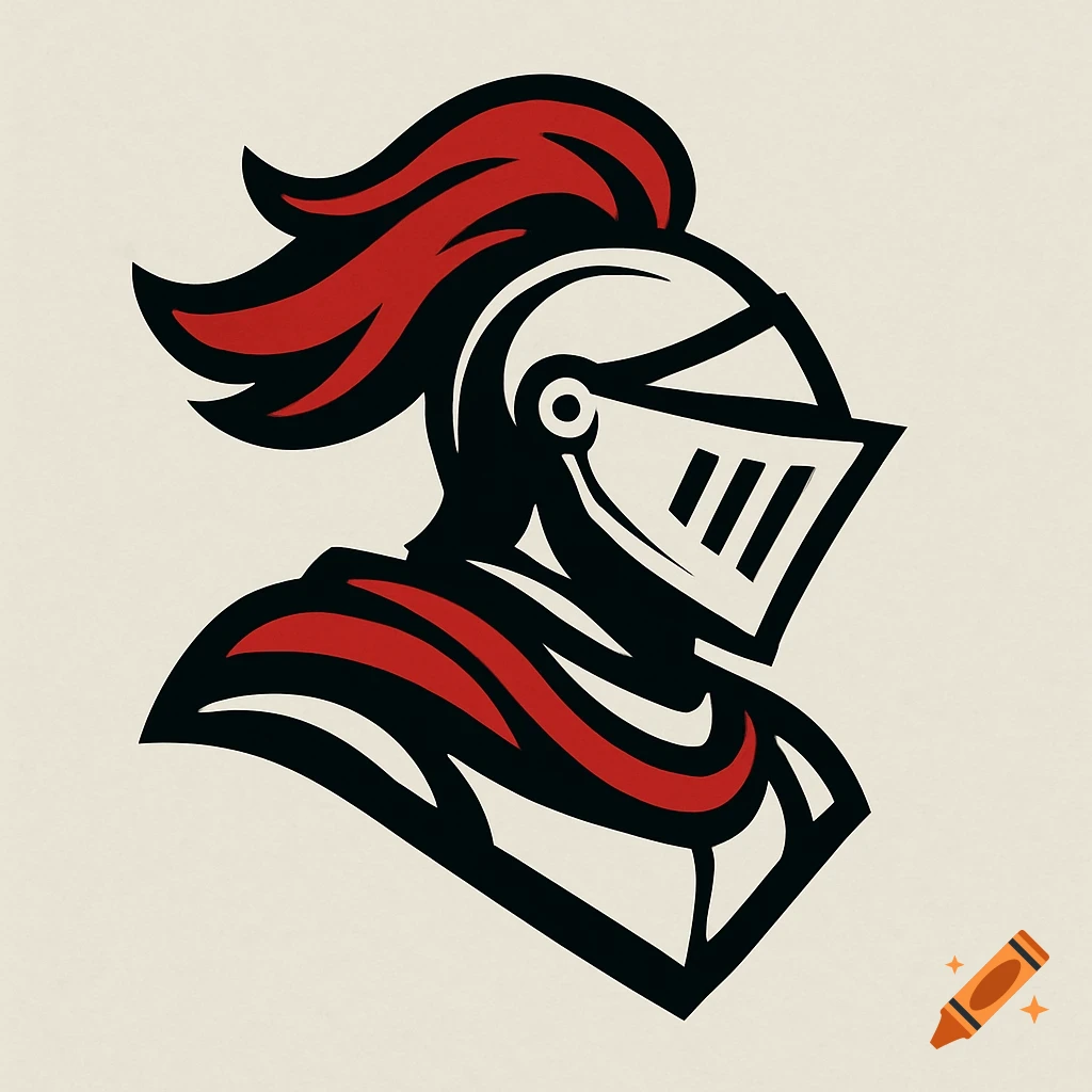 Stylized logo of a knight's helmet and shoulders in red, black, and white.