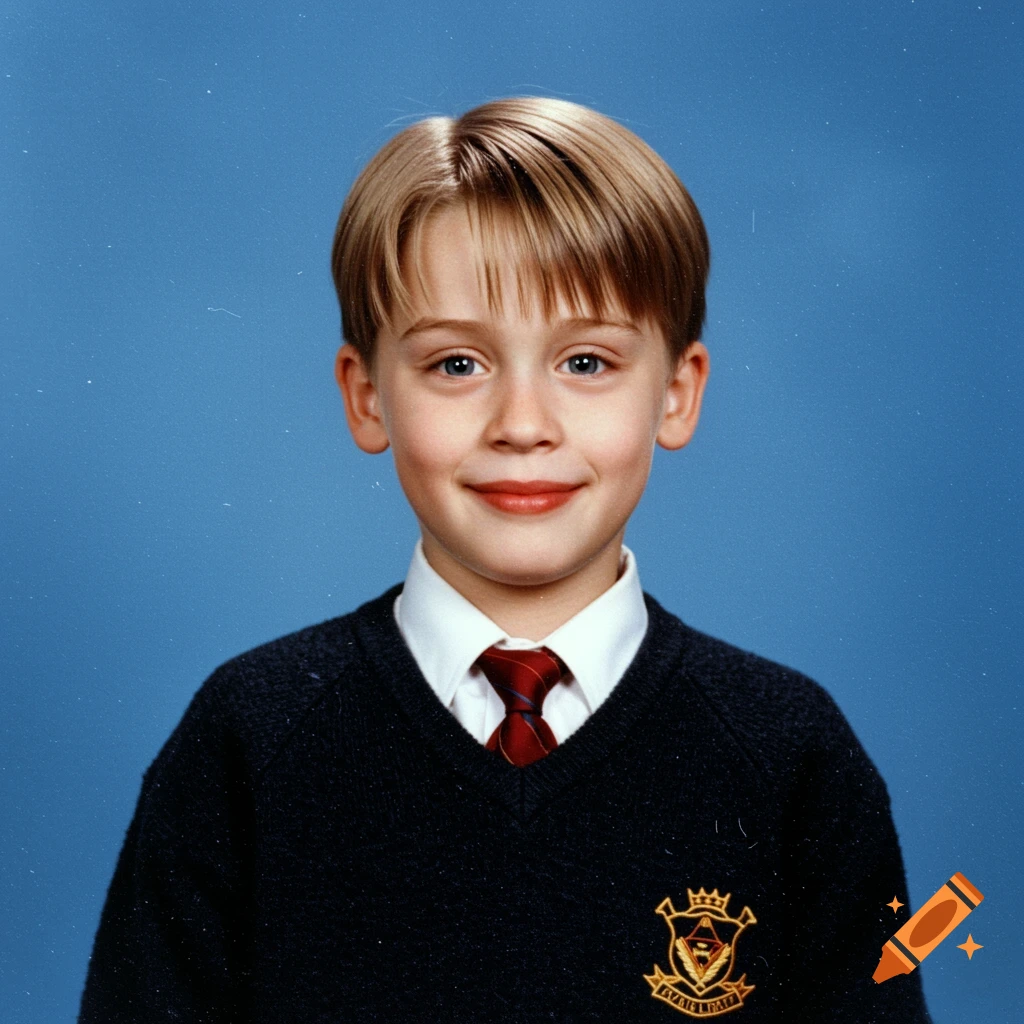 Young boy resembling Kevin from Home Alone in a school portrait against a blue background.