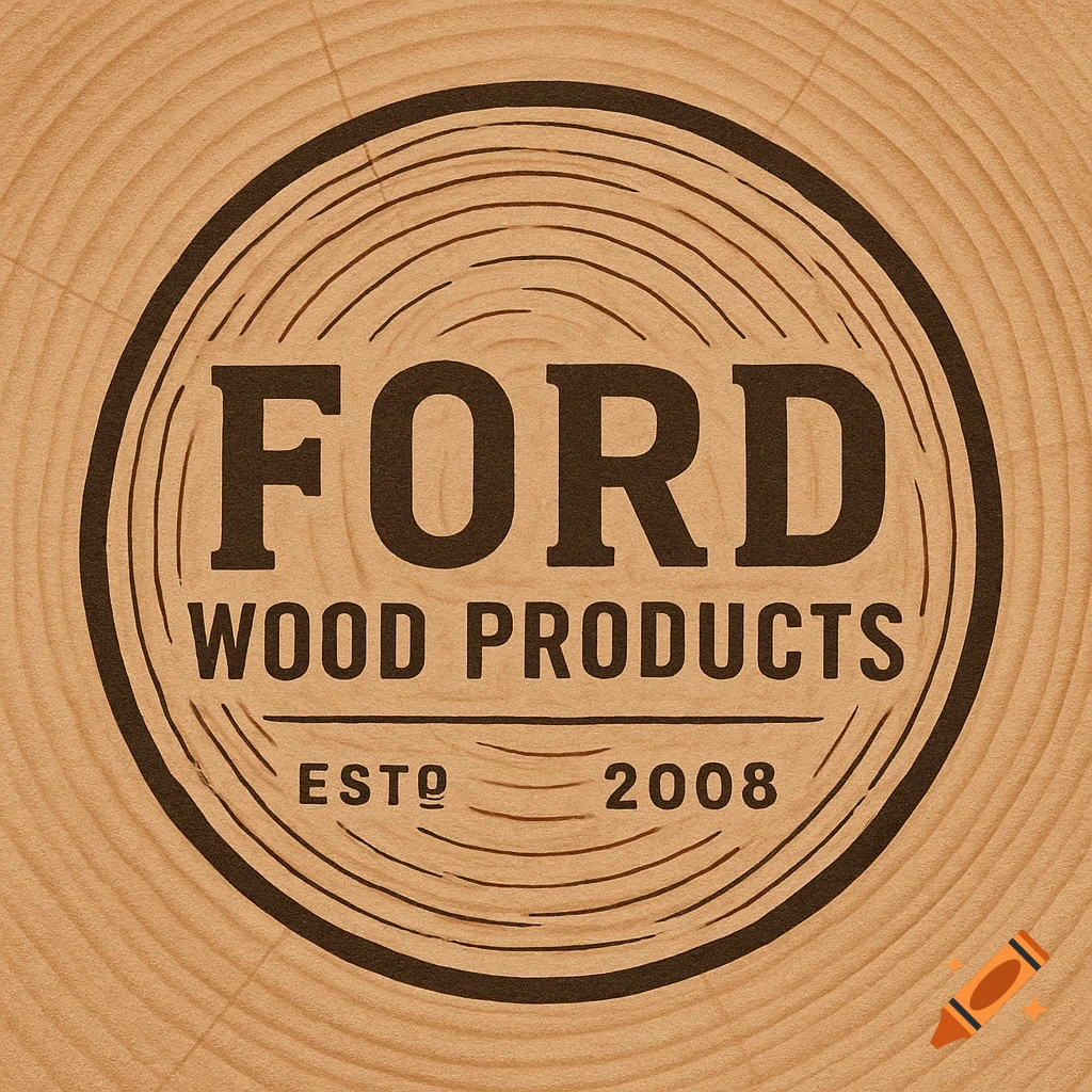 A circular logo for Ford Wood Products with text ESTO 2008 on a wood grain background.