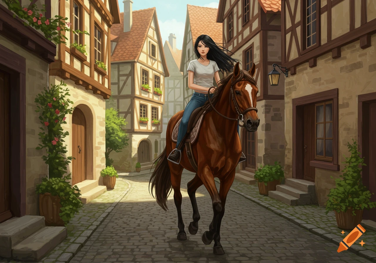 A girl with long black hair rides a brown horse down a cobblestone street in an old fantasy village.