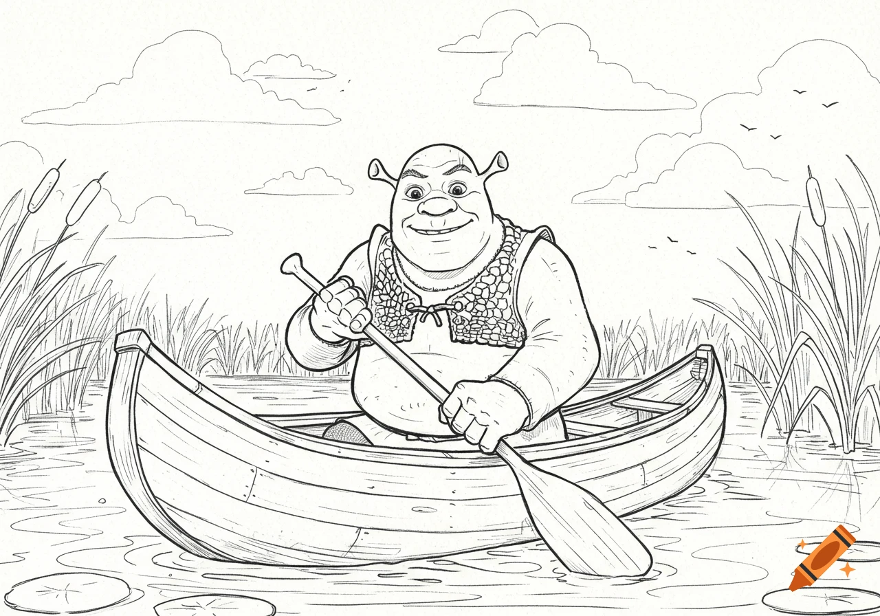 Lineart drawing of Shrek paddling a canoe in a swamp.