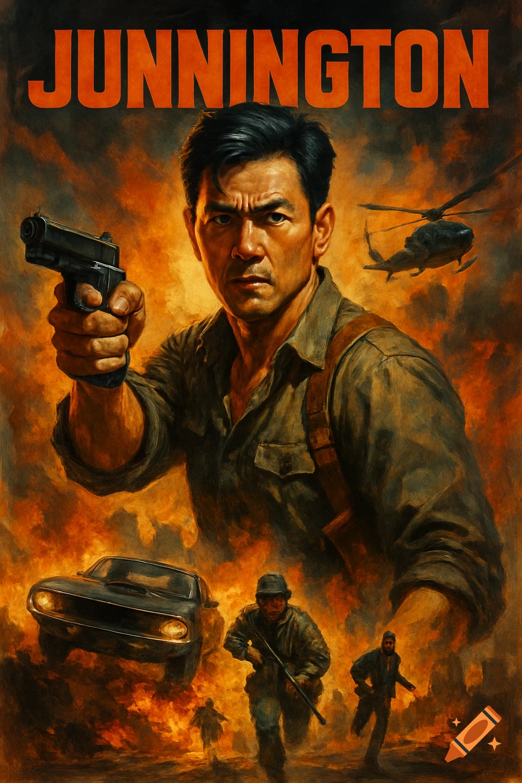 Painted action movie poster for 'Junnington' showing a man with a gun over scenes of cars, helicopters, and fire.