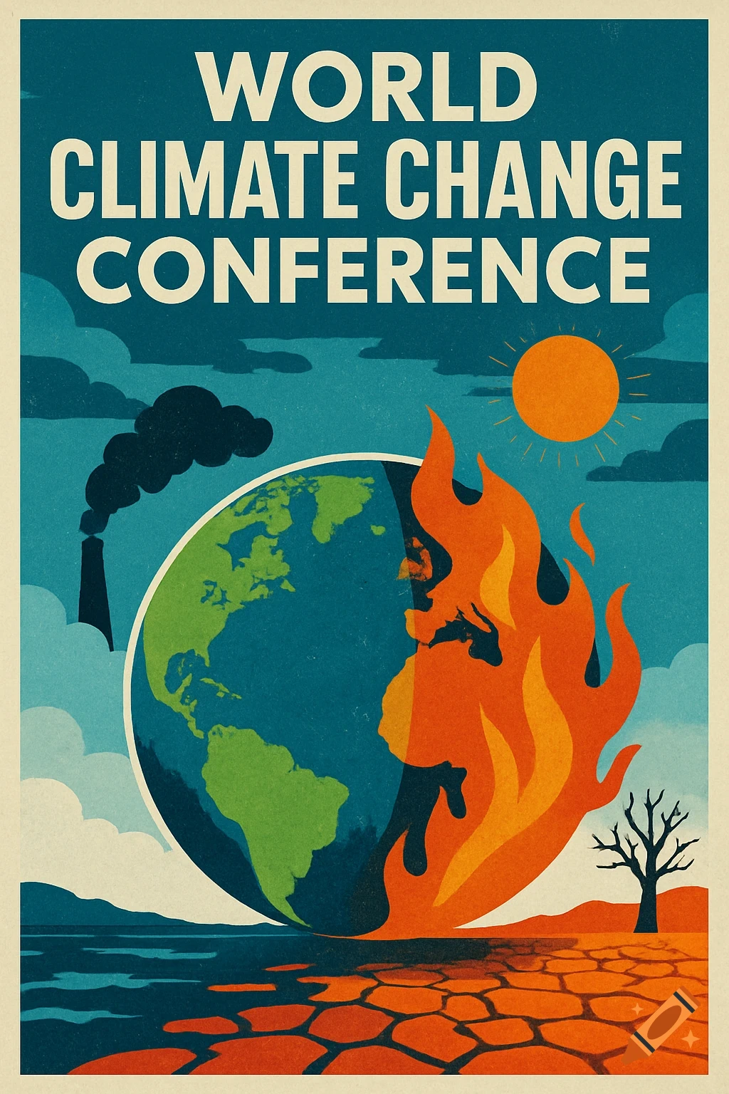 Poster for World Climate Change Conference showing a split Earth, half green and thriving, half burning and dry, with a factory and pollution.