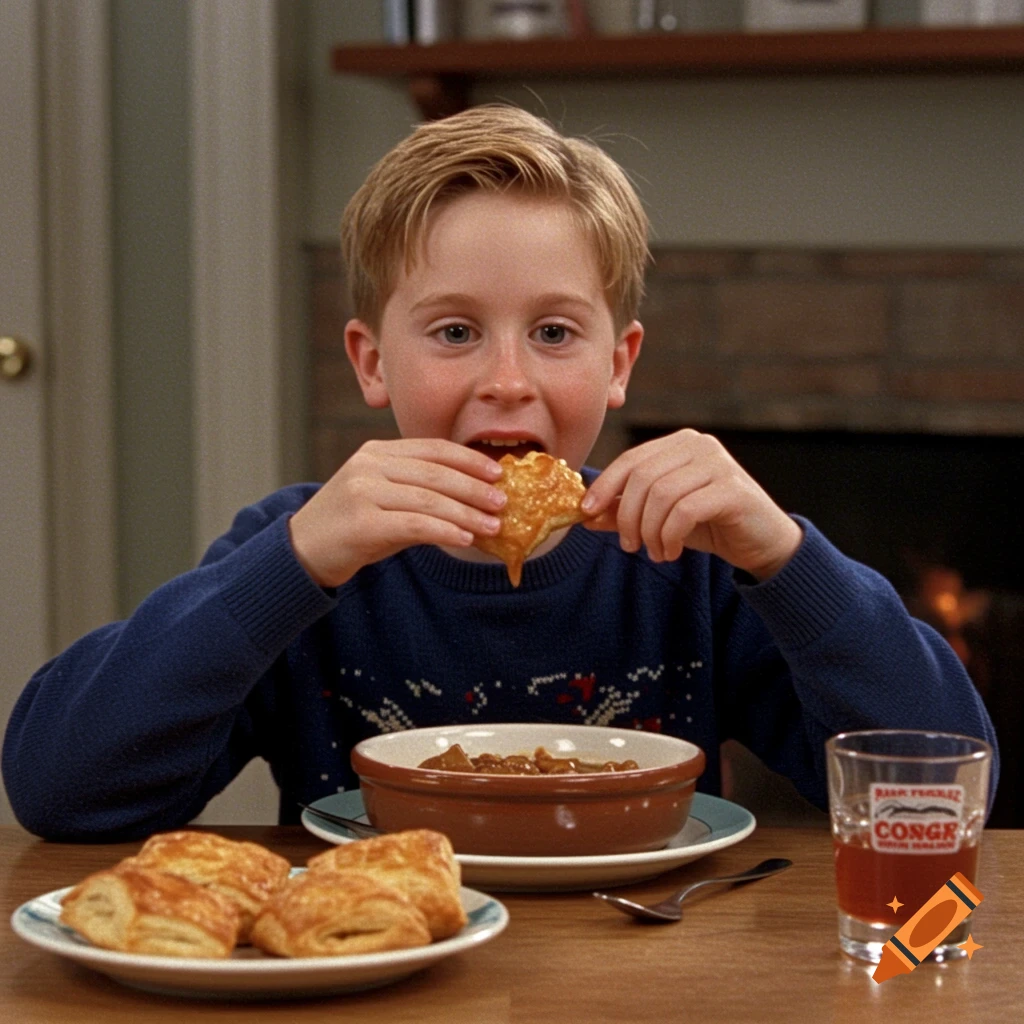 Young boy eats stew and pastries at a table, like a movie scene.