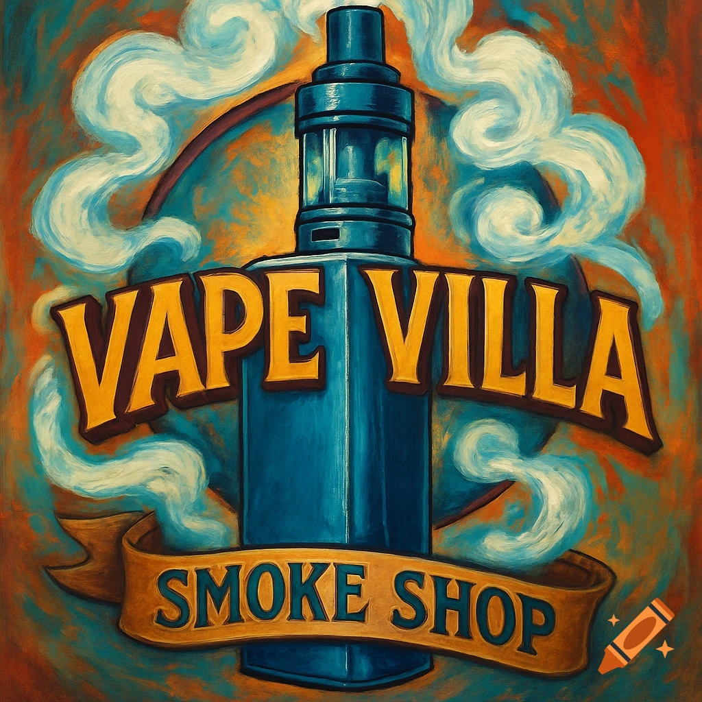 Painterly artwork for Vape Villa Smoke Shop featuring a large vape device and text.