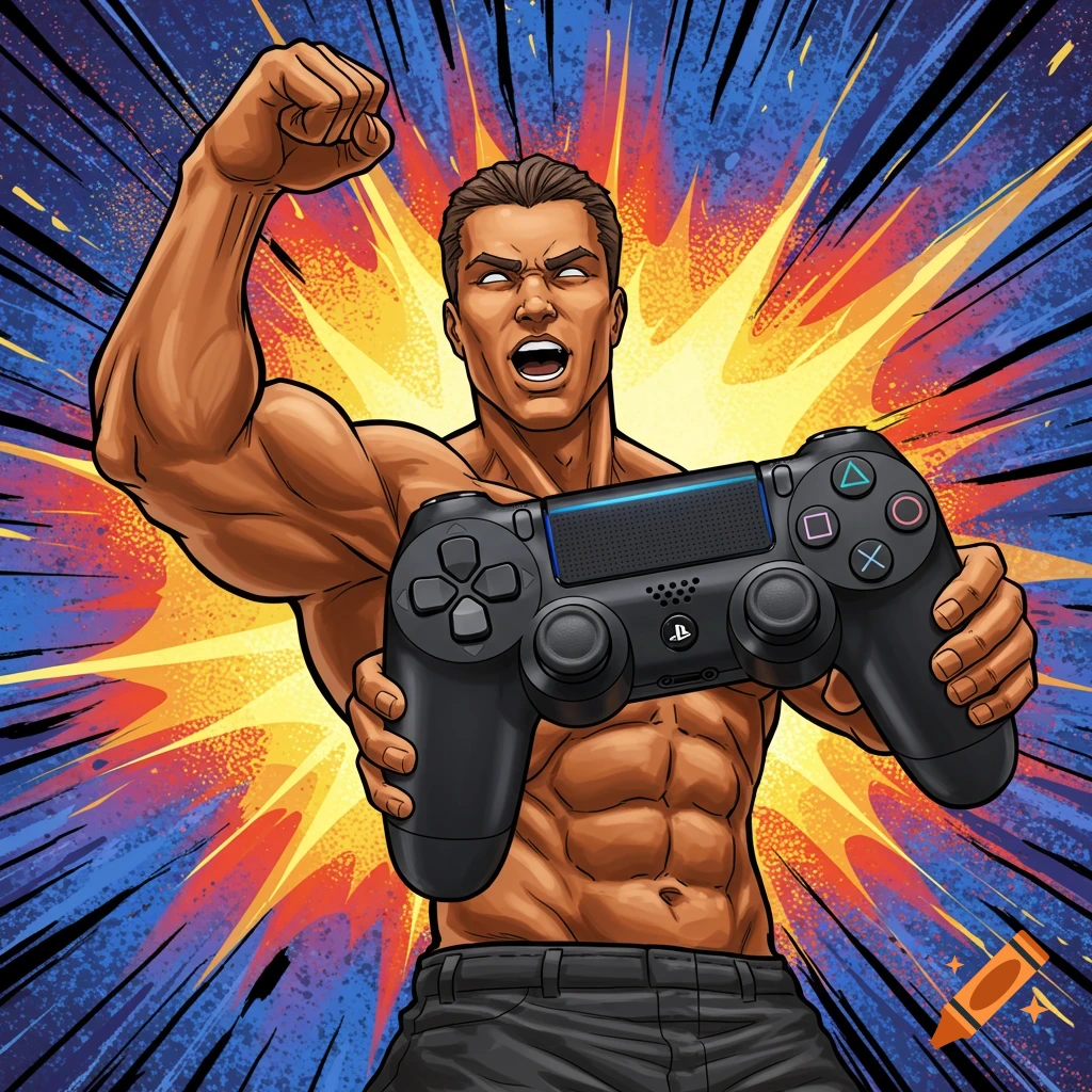 Muscular man in comic art style holding a PlayStation controller against an explosive background