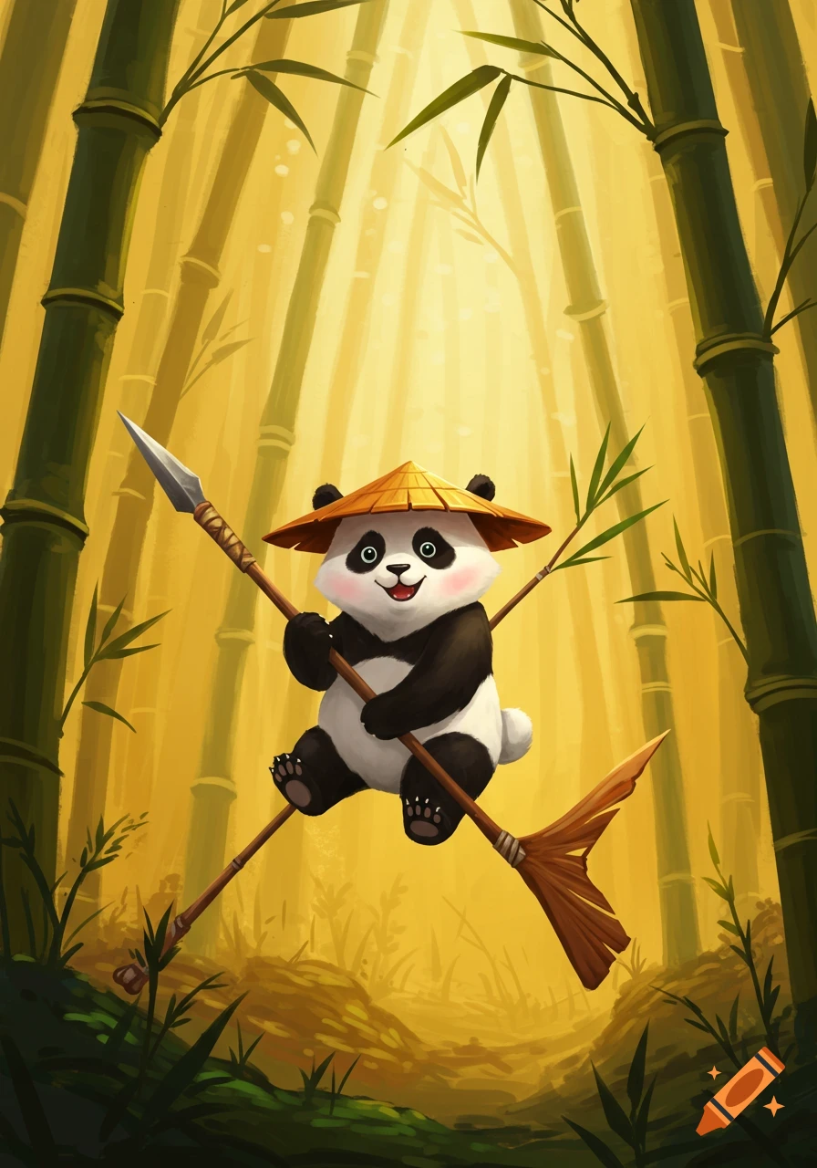 A cute cartoon panda wearing a conical hat holds a spear and a broom in a bamboo forest.