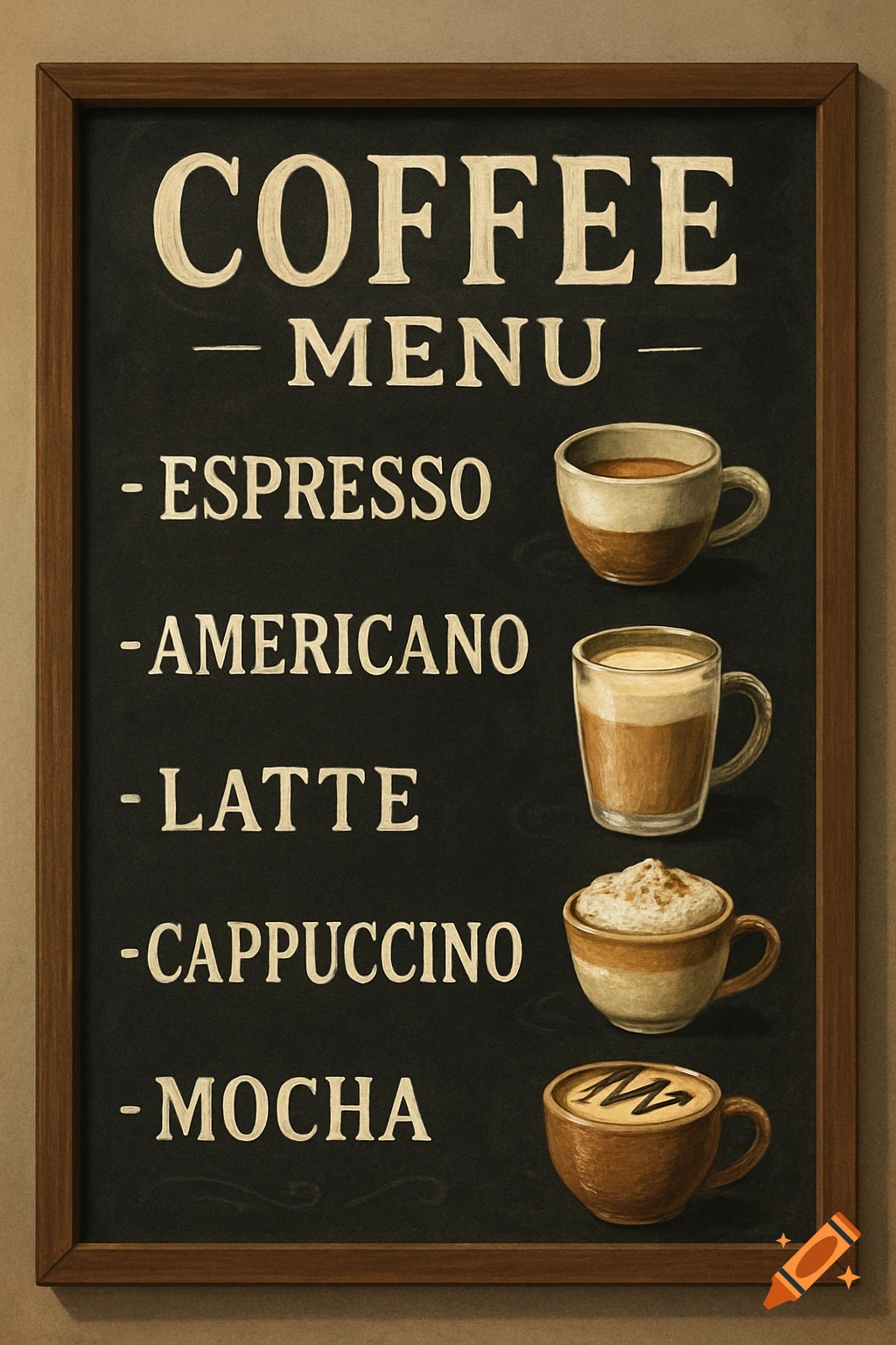 A chalkboard menu lists coffee drinks: Espresso, Americano, Latte, Cappuccino, Mocha, with illustrations of coffee cups.