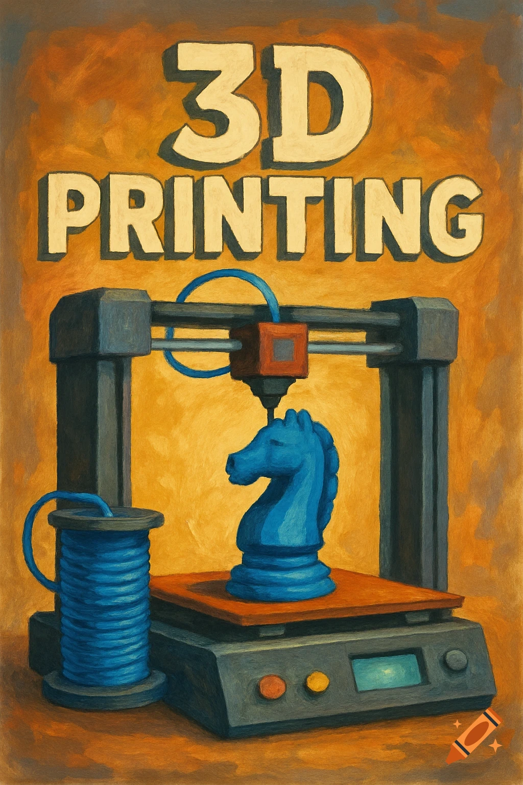 Stylized painting of a 3D printer creating a blue chess knight with the text '3D PRINTING' above.