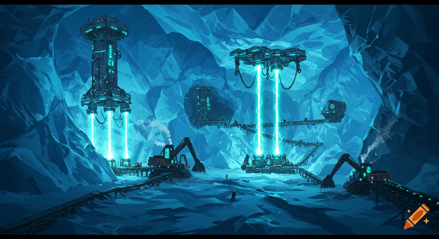 A futuristic mining operation deep within a glacier, featuring large machinery, towering structures, and glowing blue energy beams.