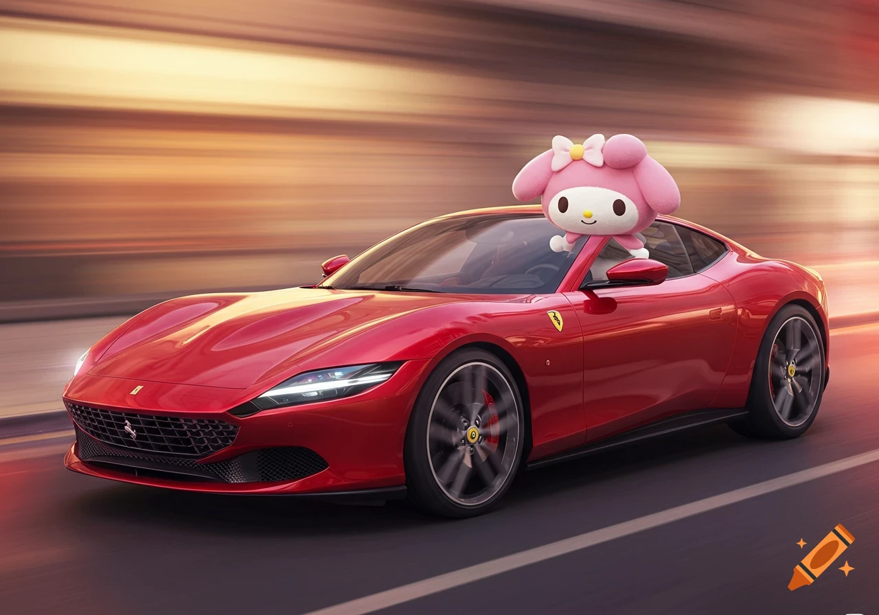 A pink My Melody character waves from a red Ferrari driving at sunset with motion blur.