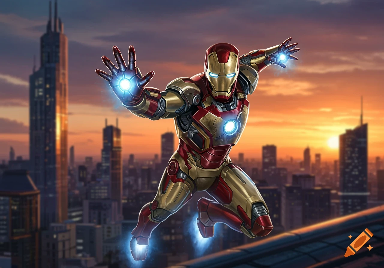 Iron Man flying over a city at sunset