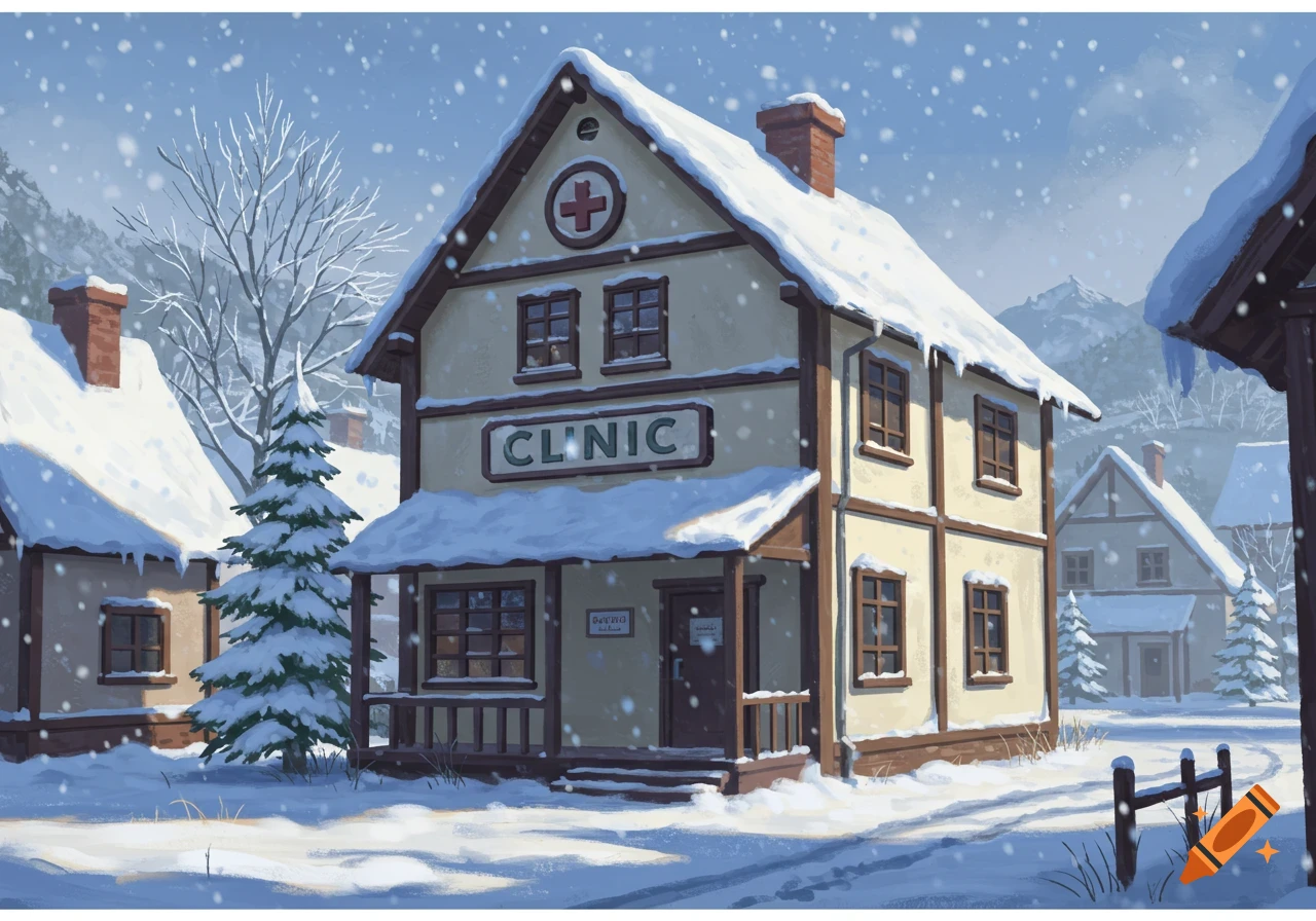 Illustration of a clinic building in a snowy village during a snowfall