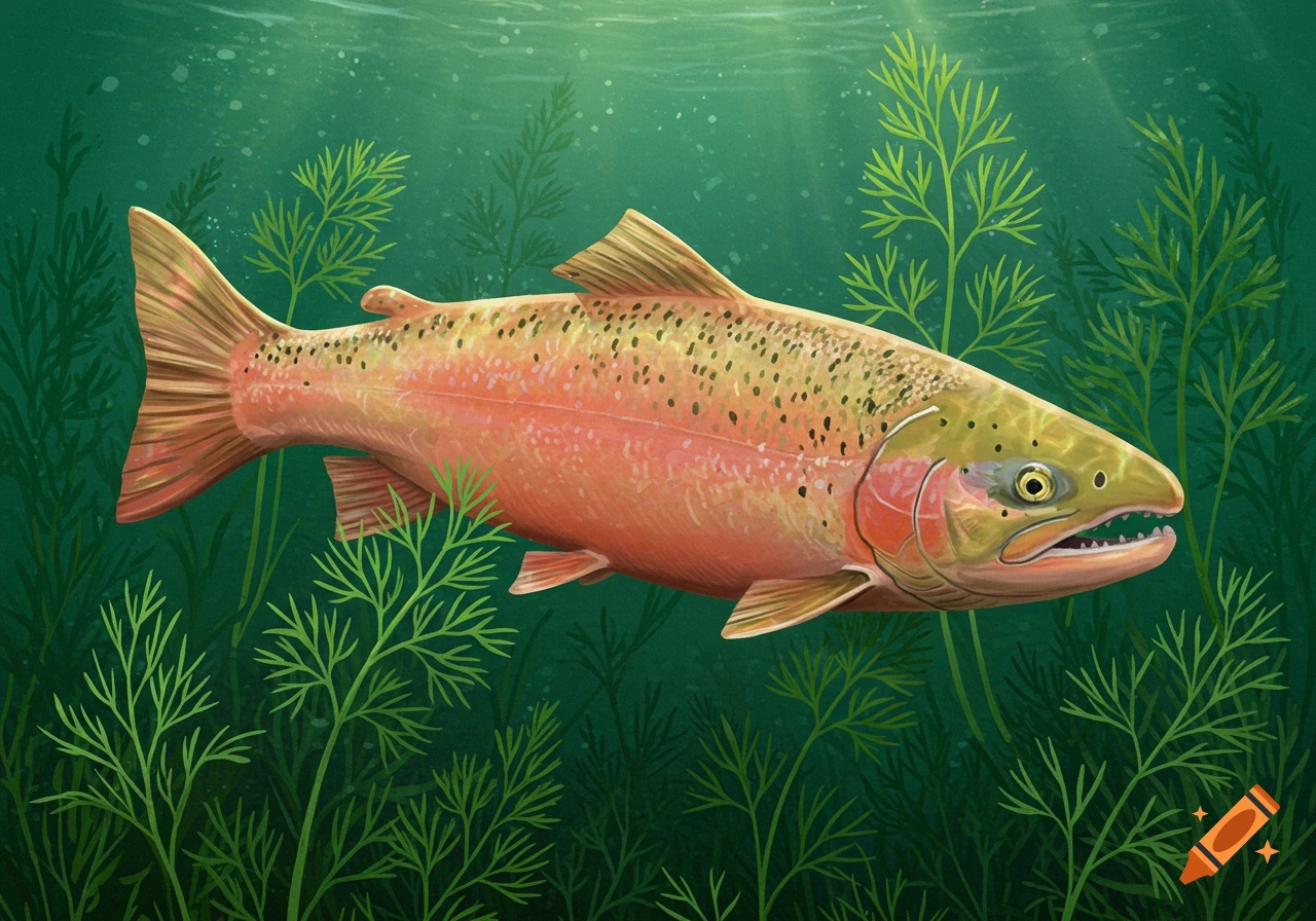 Illustrative pink and orange fish swims among green plants underwater.