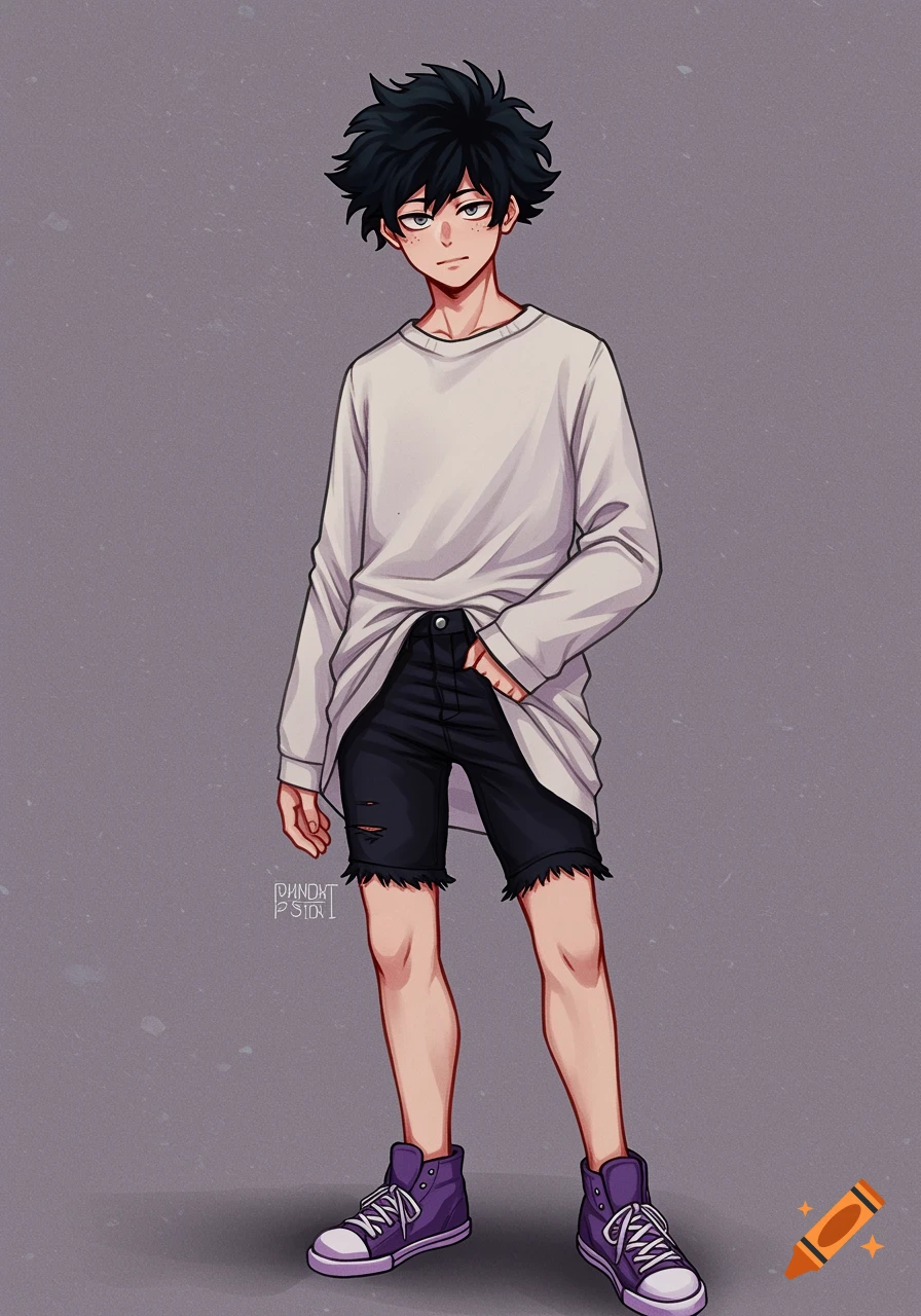 An anime character resembling Deku wearing a white sweater and black shorts, standing.