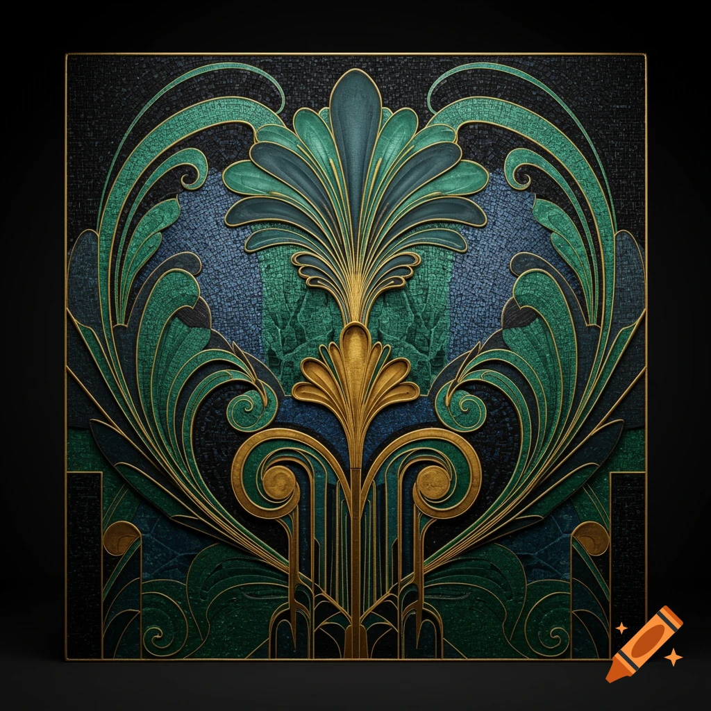 Art Deco mosaic pattern with green and gold floral motifs on a dark background