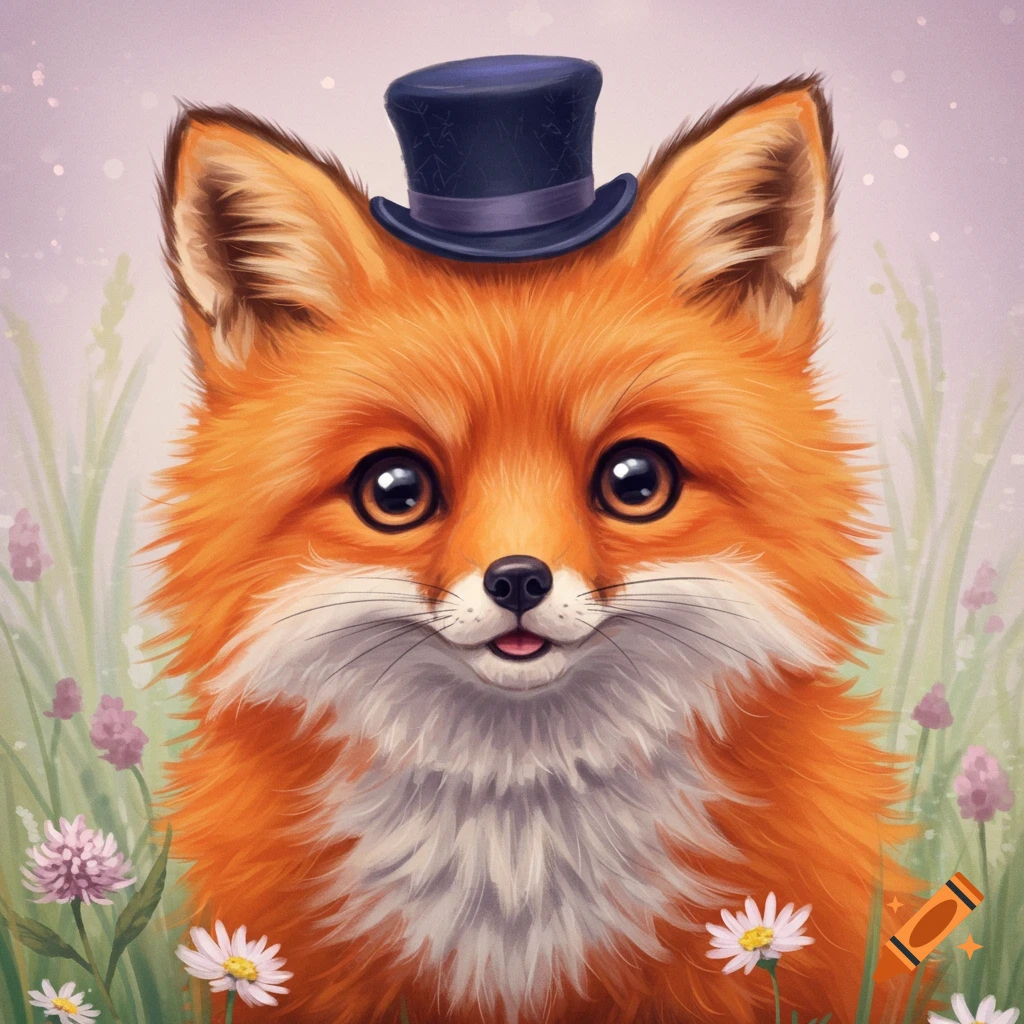 A cute fox wearing a top hat sits in a field of flowers.