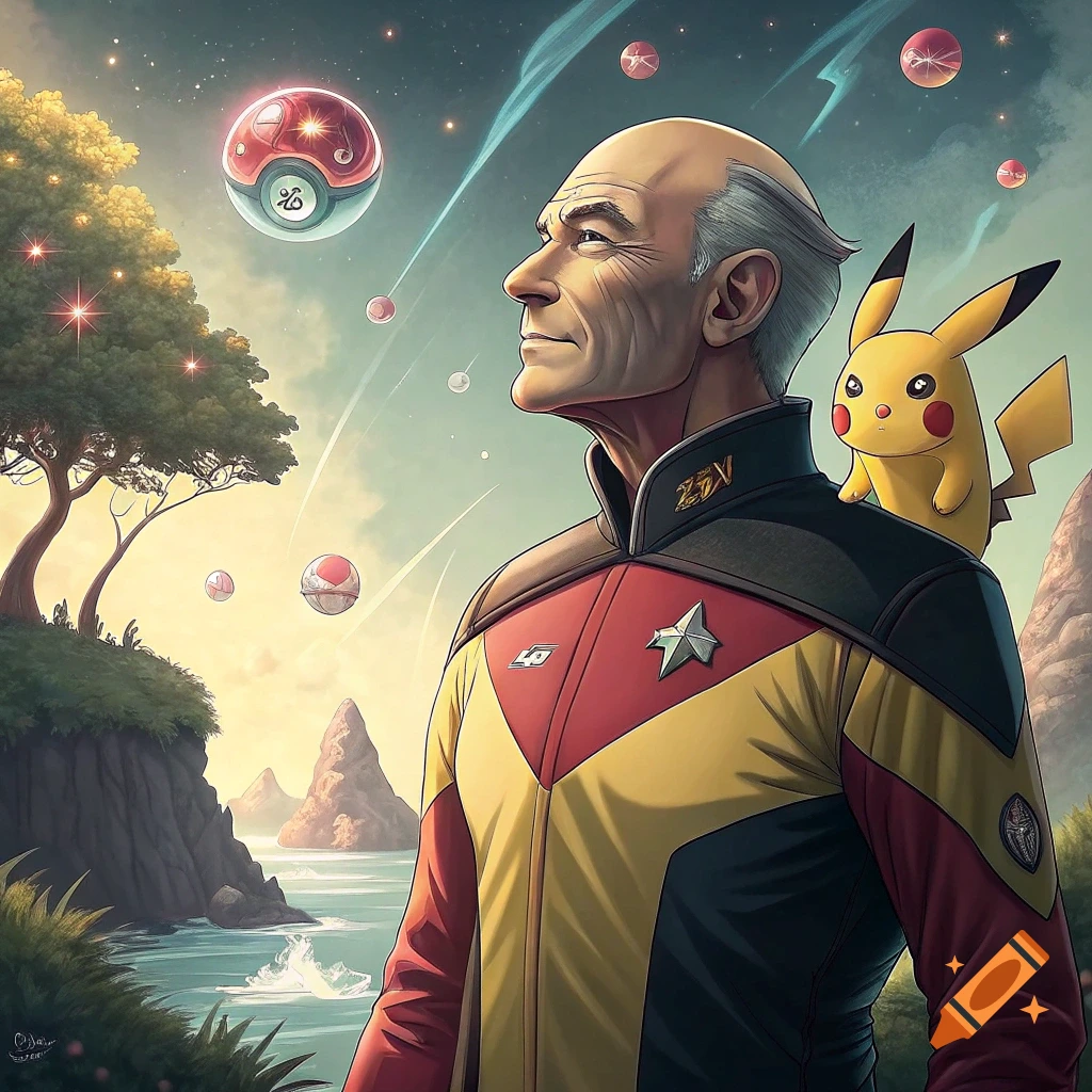 Captain Picard in a Starfleet uniform with Pikachu on his shoulder, looking out over a fantasy landscape with Pokeballs floating in the sky.