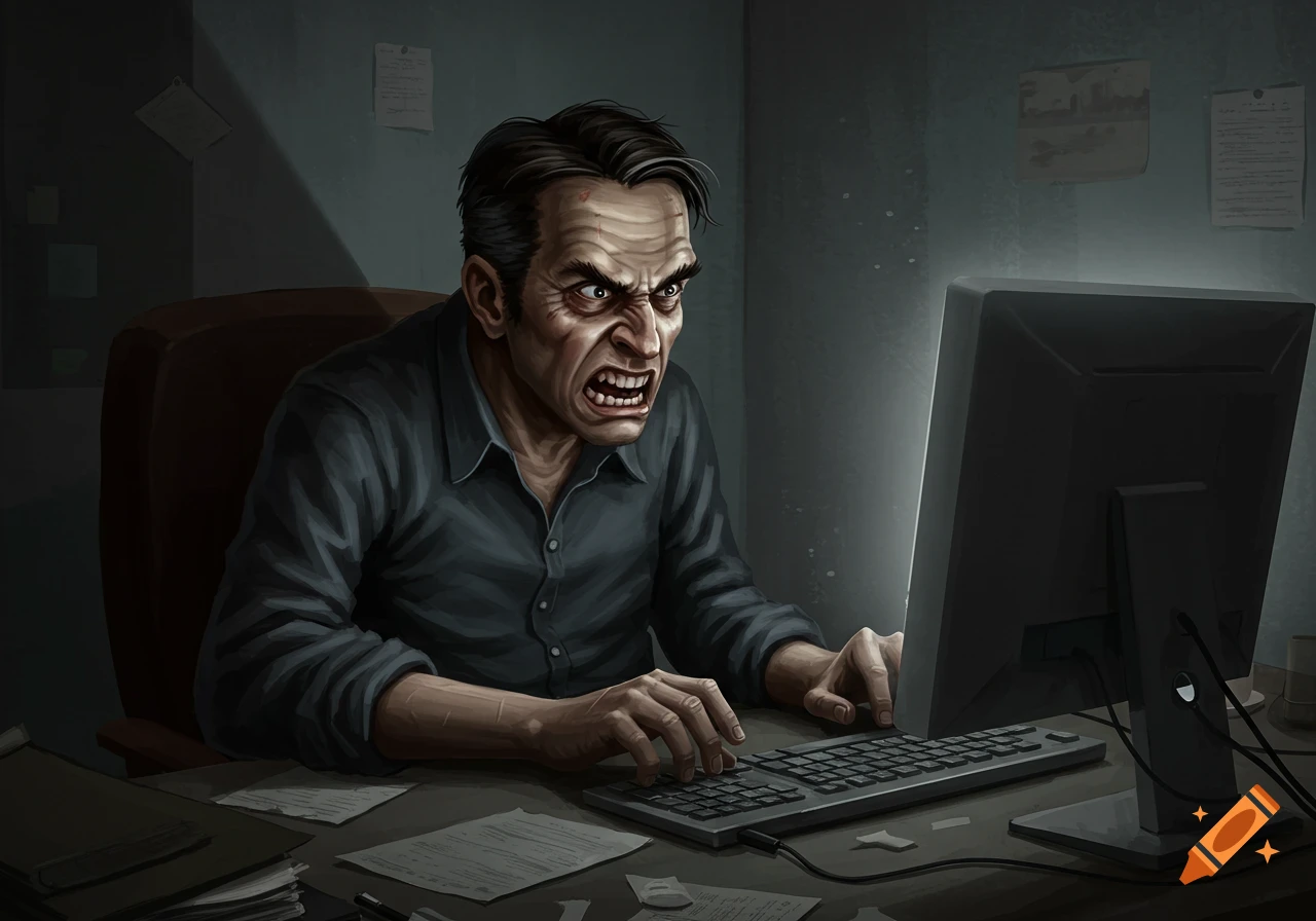 An angry illustrated man leans intensely towards a computer keyboard in a dark office.