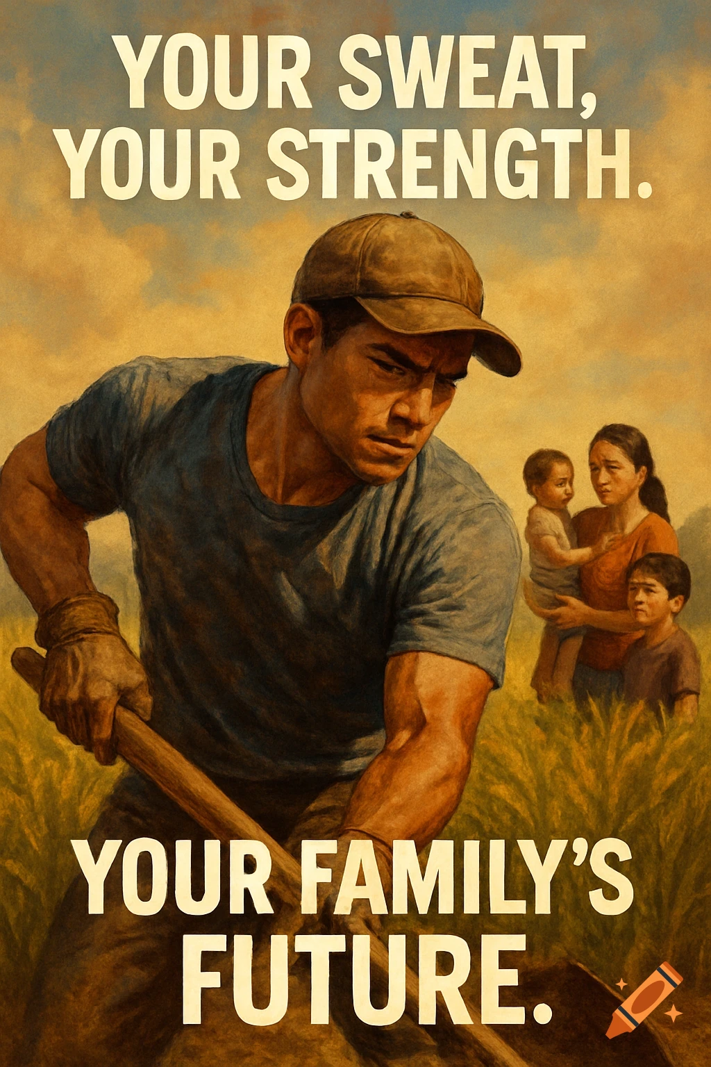 A farmer works in a field with his family in the background in a poster style. Text reads: YOUR SWEAT, YOUR STRENGTH. YOUR FAMILY'S FUTURE.
