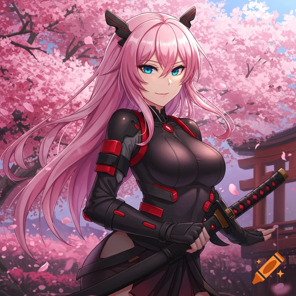 Anime woman with pink hair and sword under cherry blossoms.