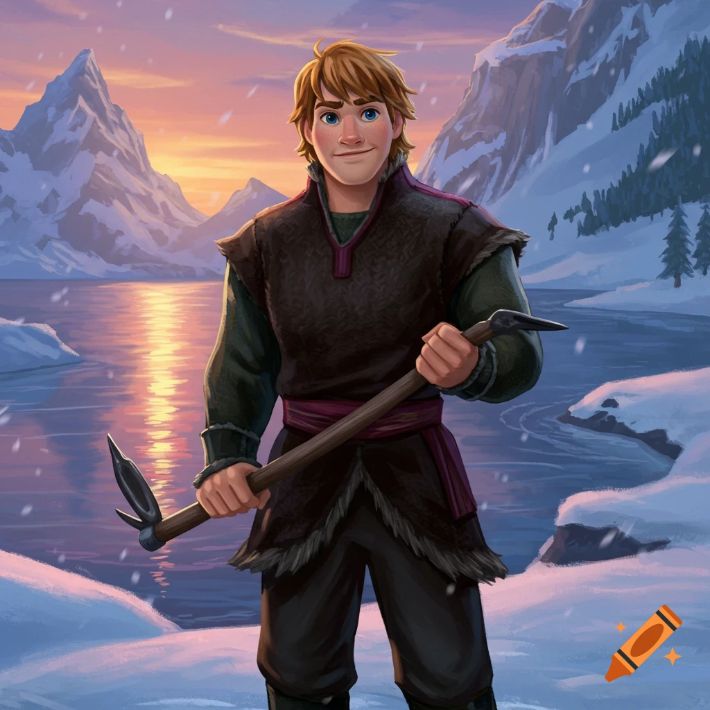 A young man stands in a snowy mountain landscape at sunset, holding a pickaxe. Illustration.