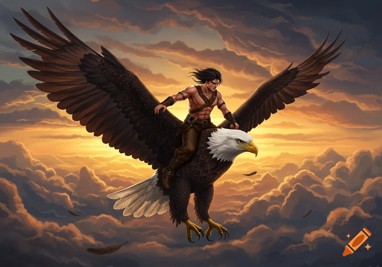 Fantasy illustration of a man riding a giant eagle through clouds at sunset.