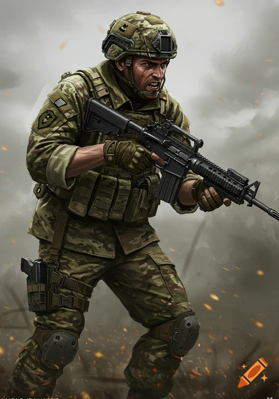 Detailed illustration of a soldier in camouflage and tactical gear holding a rifle.