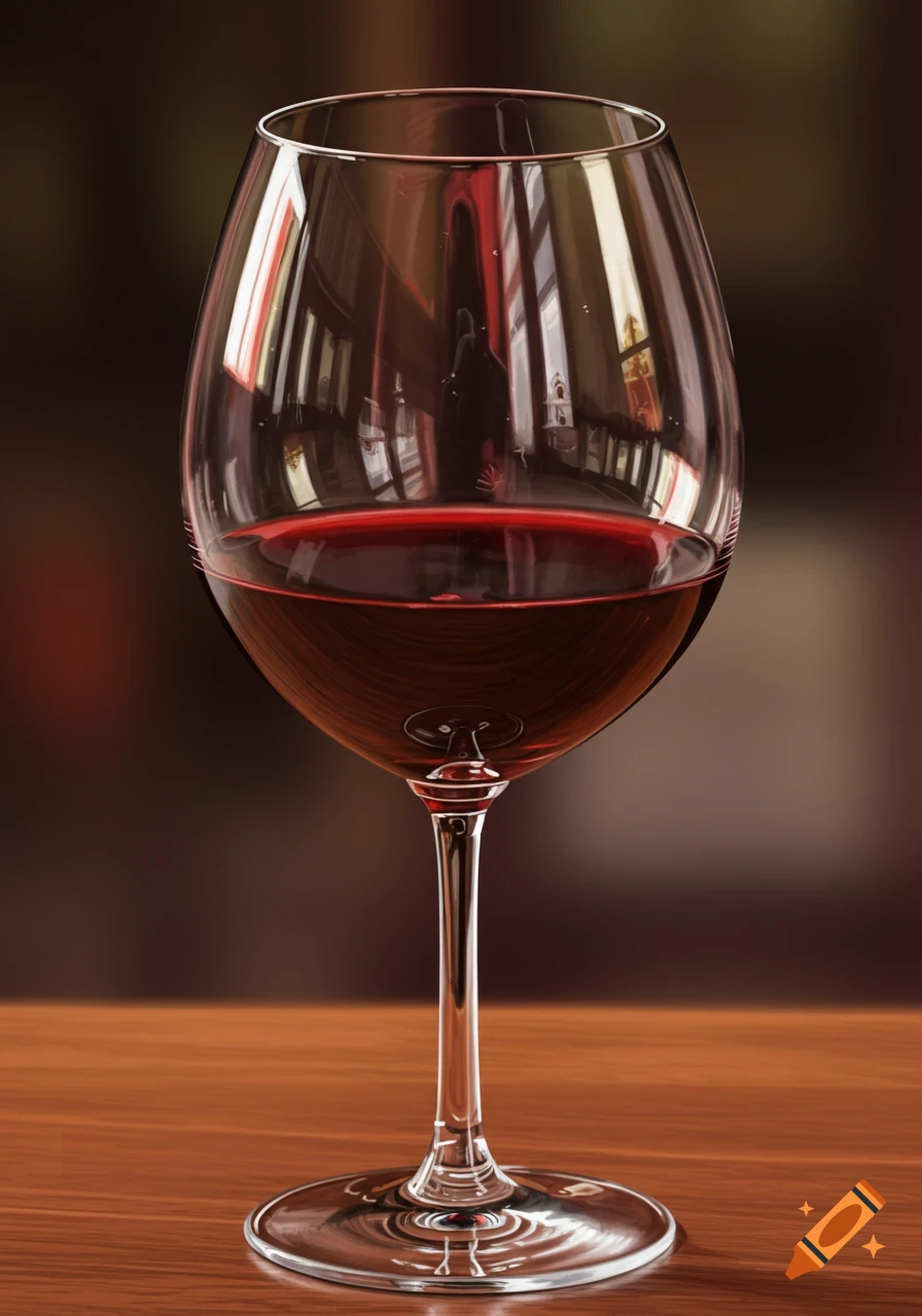 Close-up photorealistic image of a glass of red wine on a table.