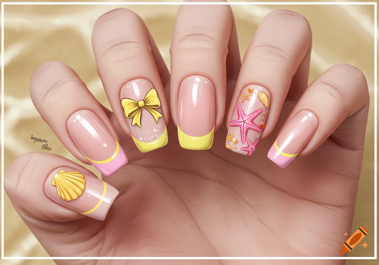 Close-up of hand showing decorated French tip nails with summer designs.