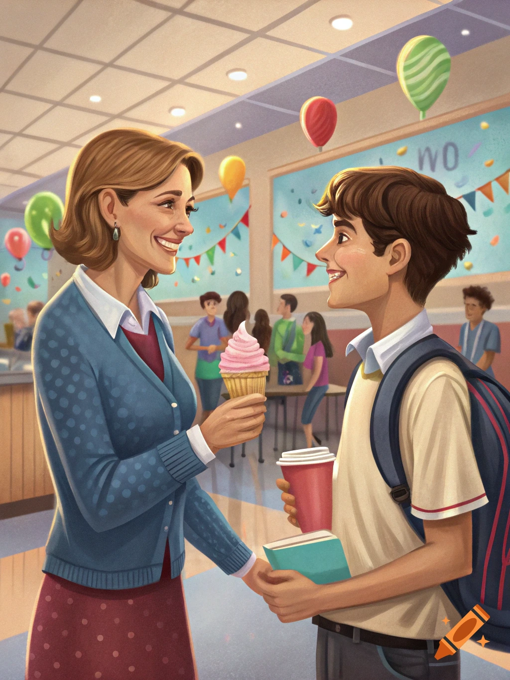 Illustration of a teacher giving a student an ice cream cone in a decorated school hallway.